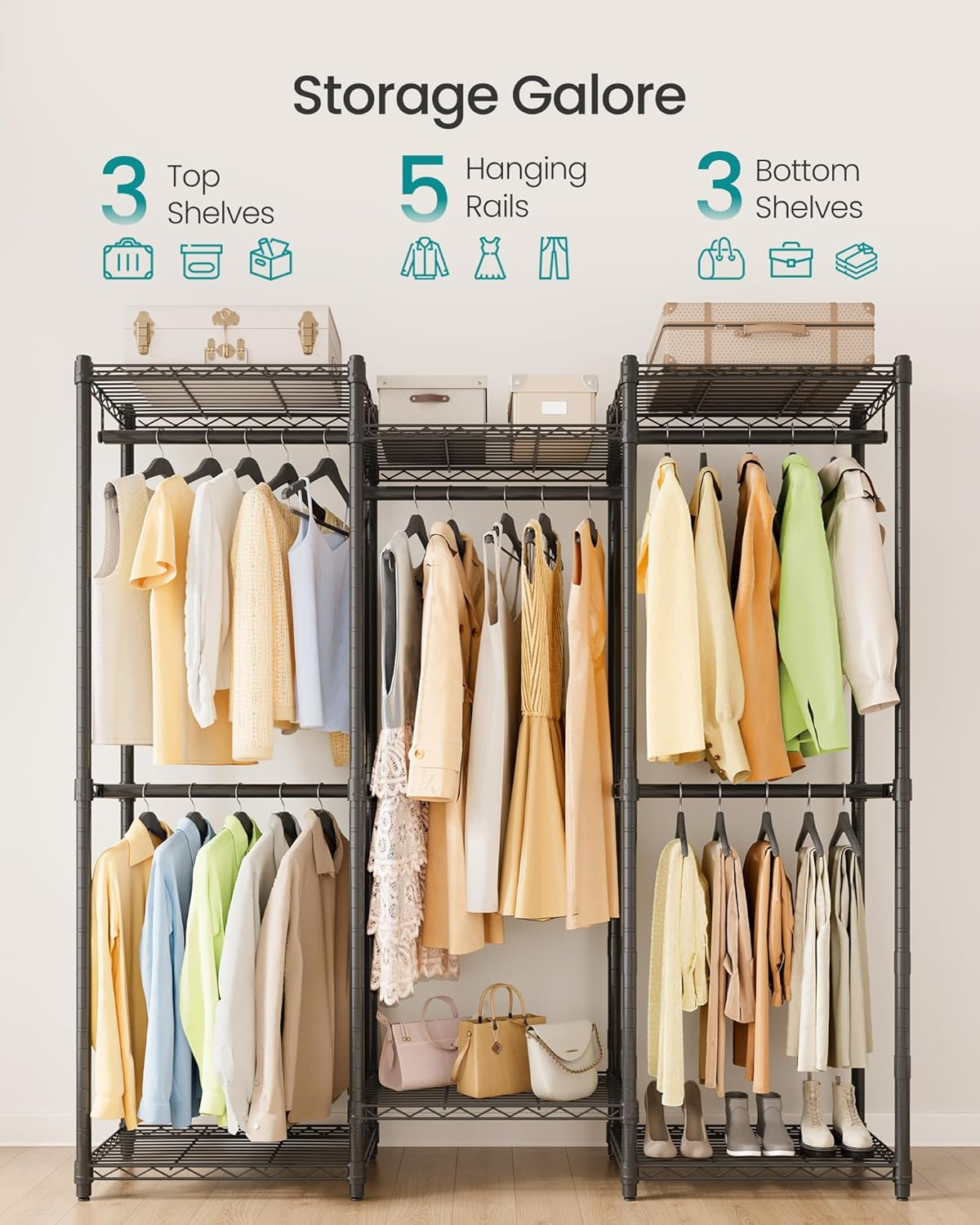 SONGMICS Heavy-Duty Clothes Rack, Garment Rack, Portable Closet, 56.9-Inch Wide Clothing Rack, with Adjustable Mesh Shelves and Hanging Rails, Ink Black ULGR432B01 image number 5