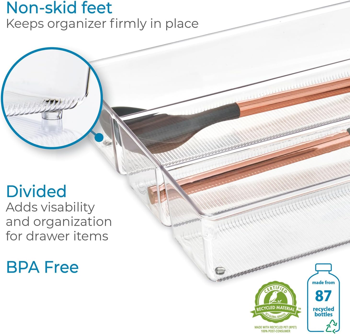 Interdesign Linus Kitchen Drawer Organizer for Silverware, Spatulas, Gadgets - 13.8" X 10.5" X 3", Clear (56330)
