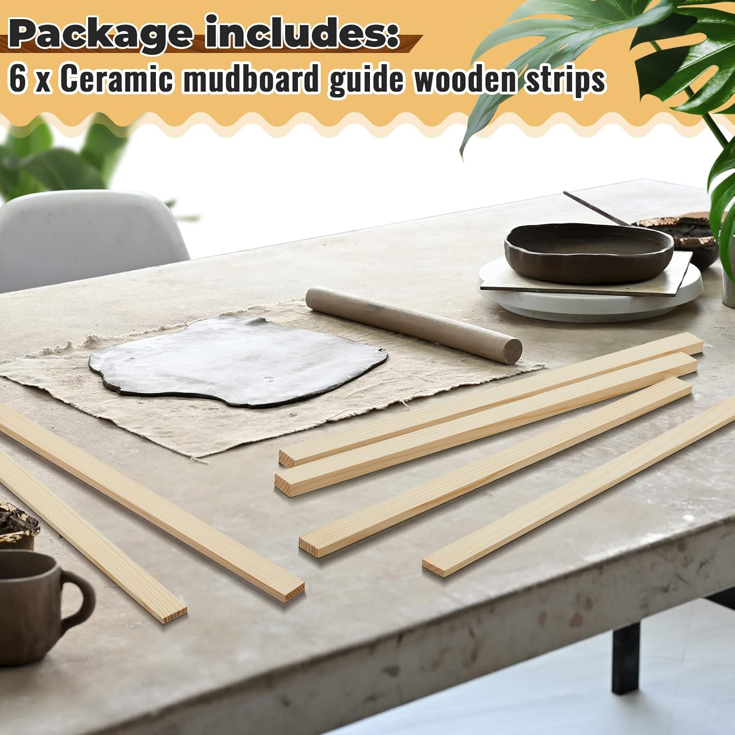 7 Pcs Pottery Teaching Rolling Mud Stick Guide and Wood Rolling Pin Set Include 6 Pcs 15. 8 X 0. 8 Inches Mudboard Guide and Clay Roller Tools for Manual Self Made Clay Gift Decoration image number 3