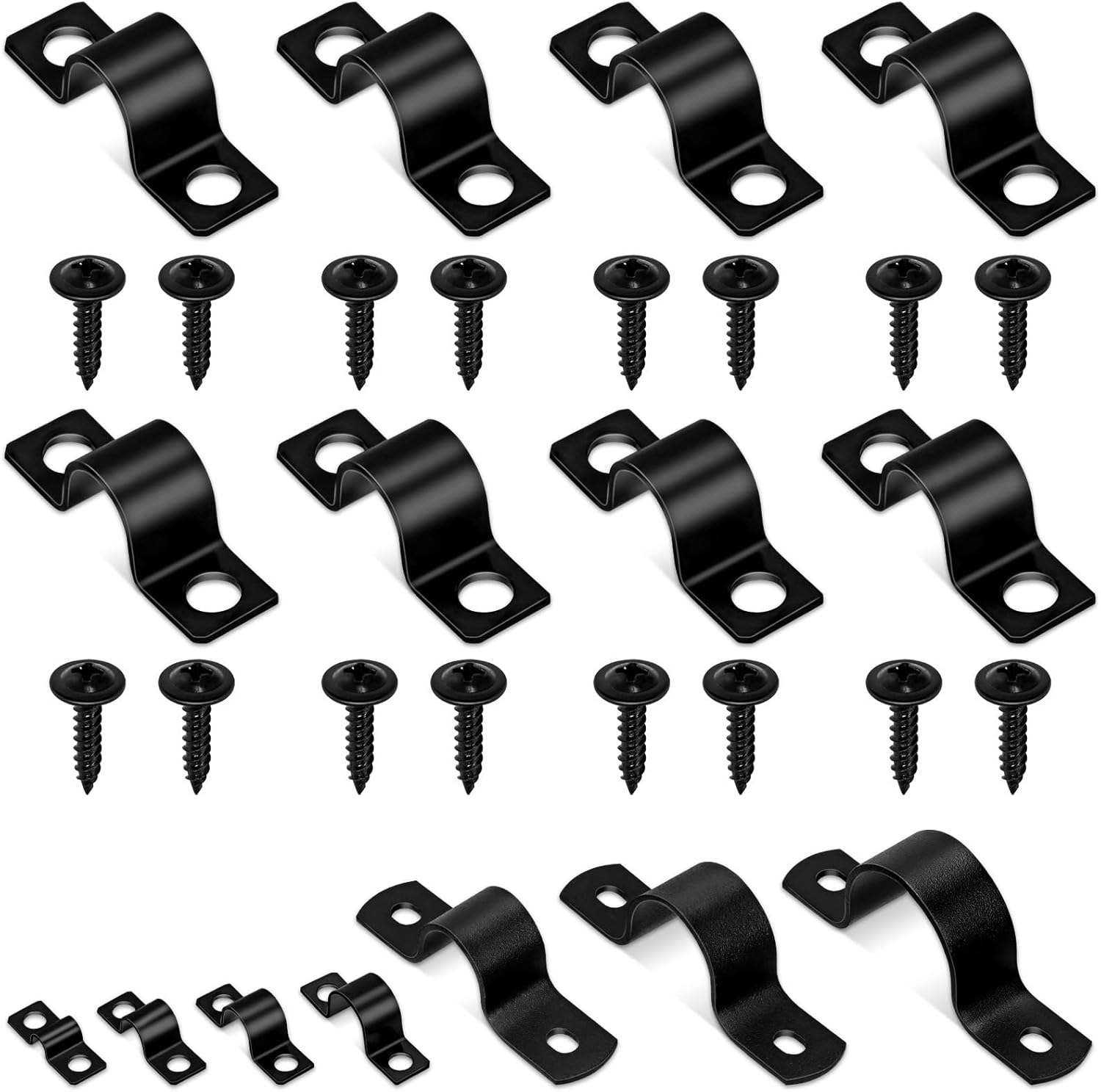 Glarks 75Pcs 10Mm Pipe Strap Clamp, Black Carbon Steel 2 Hole Strap Heavy Duty Rigid Pipe Strap U Bracket Tube Strap Cable Clamp Hanger Tension Tube Clip with Screw for Pipe Tube Cable Fixing image number 1