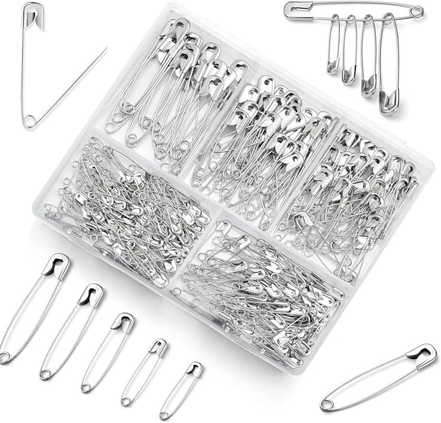 250 Pack Safety Pins Assorted, 6 Different Sizes Small and Large Safety Pins, Safety Pins for Clothes Pins Sewing, Nickel Plated Steel Safety Pin Bulk, Arts and Crafts Supplies (Silver)