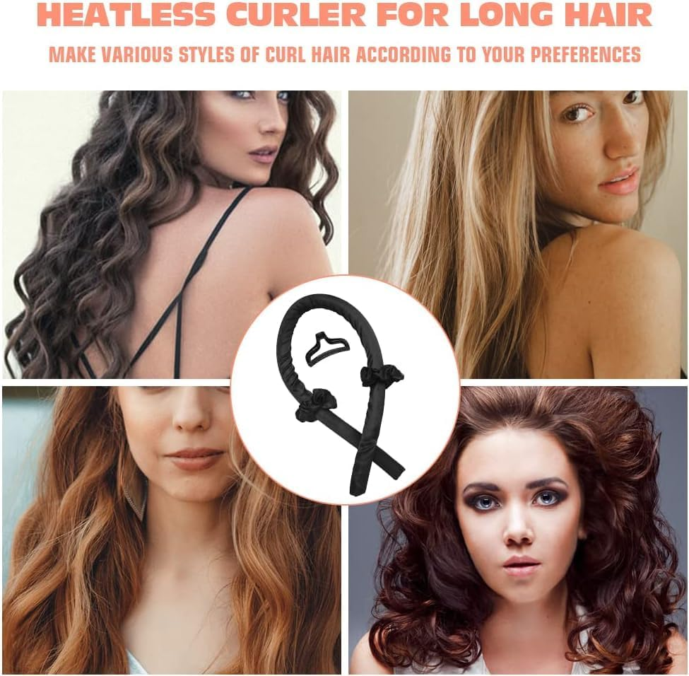 Heatless Curling Rod Headband No Heat Silk Ribbon Curling Rod Hair Roller Curls with Hair Claw Clip Lazy Natural Soft Wave DIY Hair Rollers Styling Tool for Sleep in Overnight (Black, One Size) image number 3