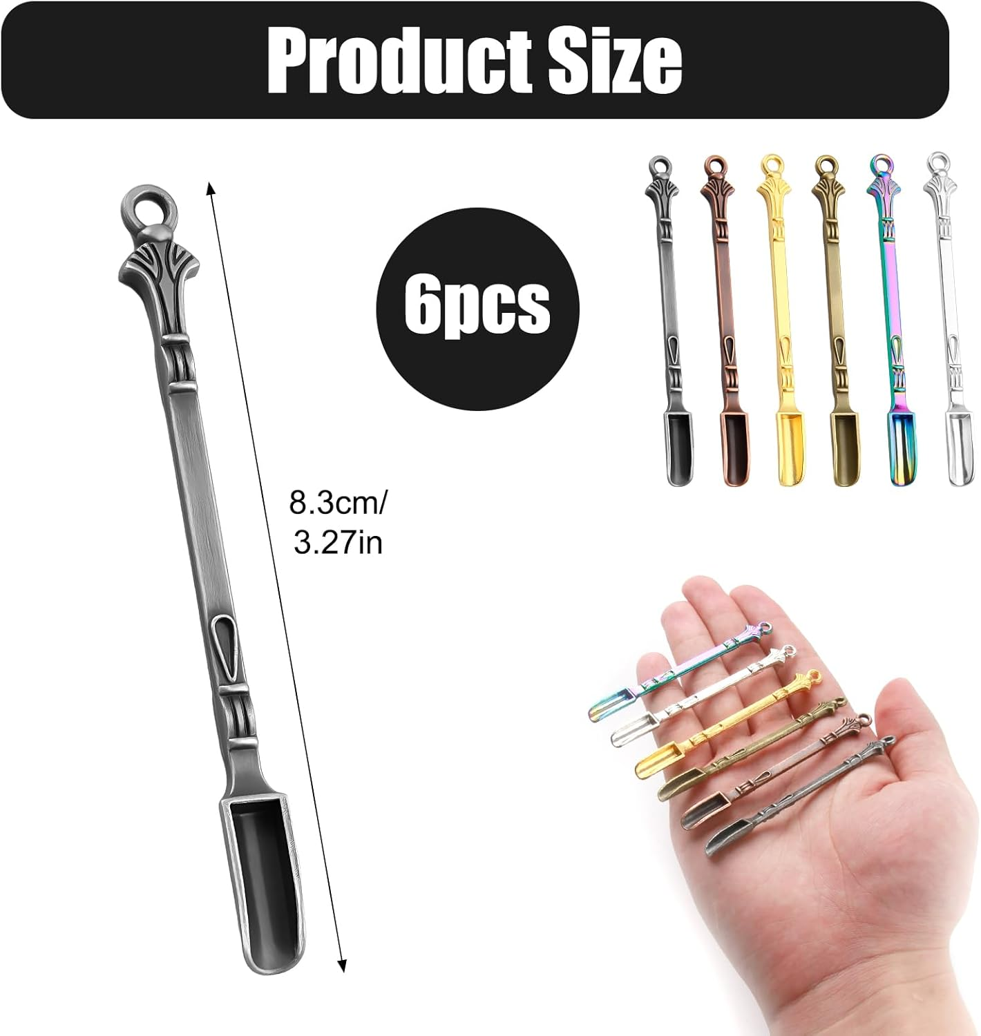6 Pcs Mini Snuff Spoon, Metal Small Shovel Powder/Medicine Scoop Pendants Necklace Loop for Home Supplies Baking Cooking Coffee Sugar Filling Jars/Salts/Herbs Craft Tools (6 Colors) image number 1