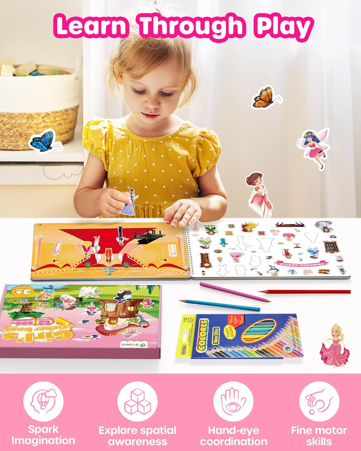 D-Fantix Girl'S Sticker Book for Kids, Unicorn Mermaid Flower Fairy Animal 12 Unique Scenes and 500+ Stickers, Toddler Airplane Travel Road Trip Essentials Activity Book, Arts & Craft for Age 3-8 image number 4