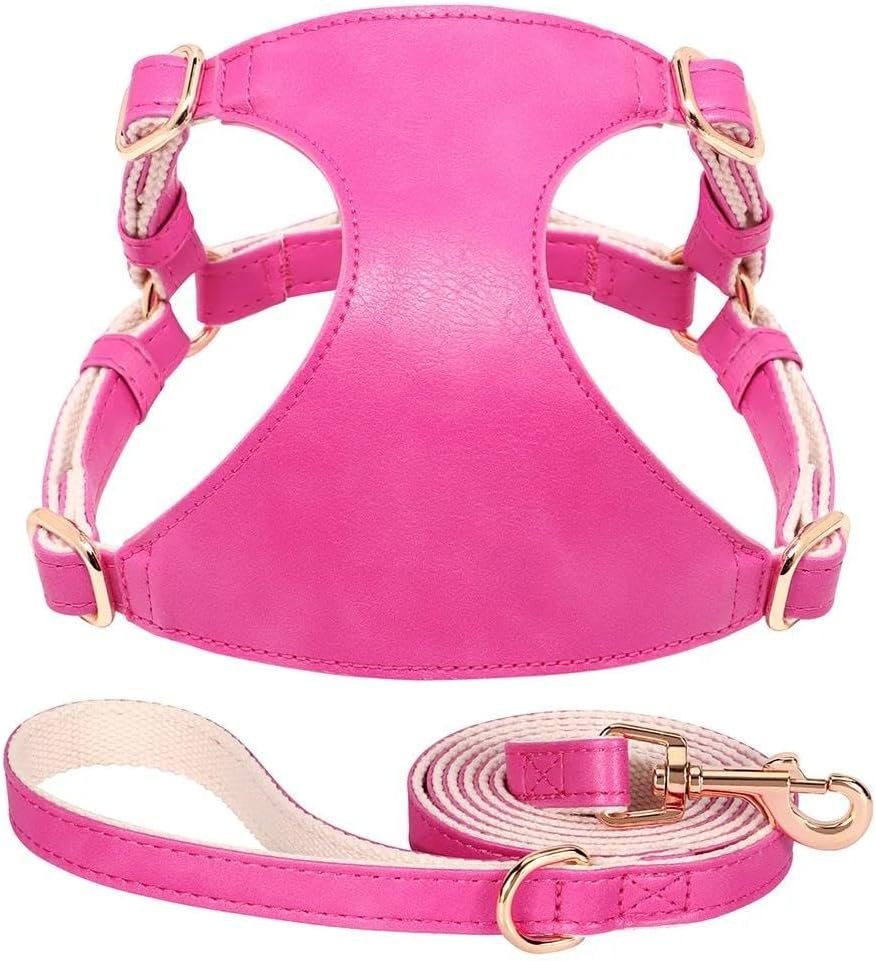 Durable Adjustable PU Leather Dog Harness Leash Set Solid Color Dog Harness and Leash Set Chihuahua Pug French Bulldog Harness and Leash Set,A,S image number 2