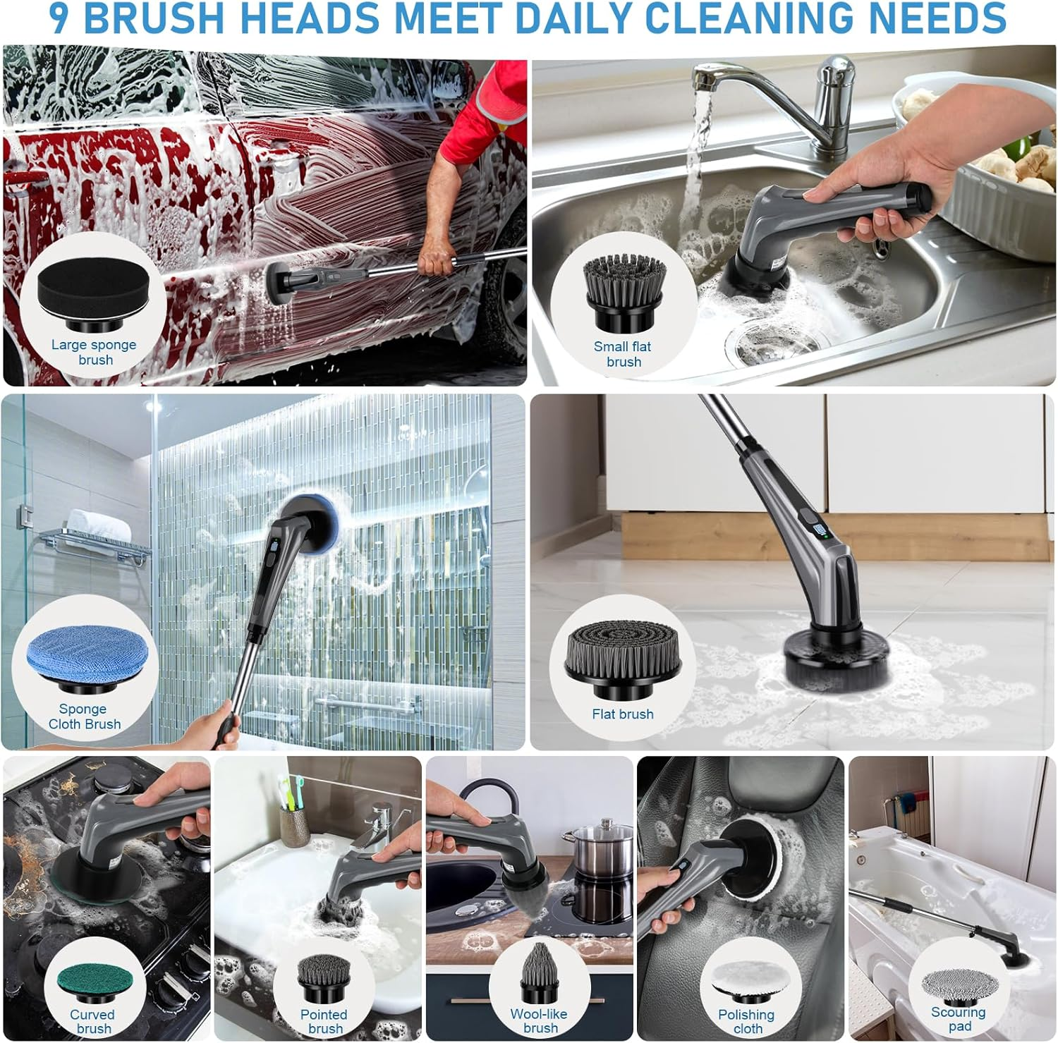 Electric Spin Scrubber, [Battery Level Display] [IPX8 Waterproof] Homtronics 14 in 1 Electric Cleaning Brush with 9 Replacement Heads, Power Scrubber for Bathroom, Kitchen, Floor, Tub, Toilet image number 3