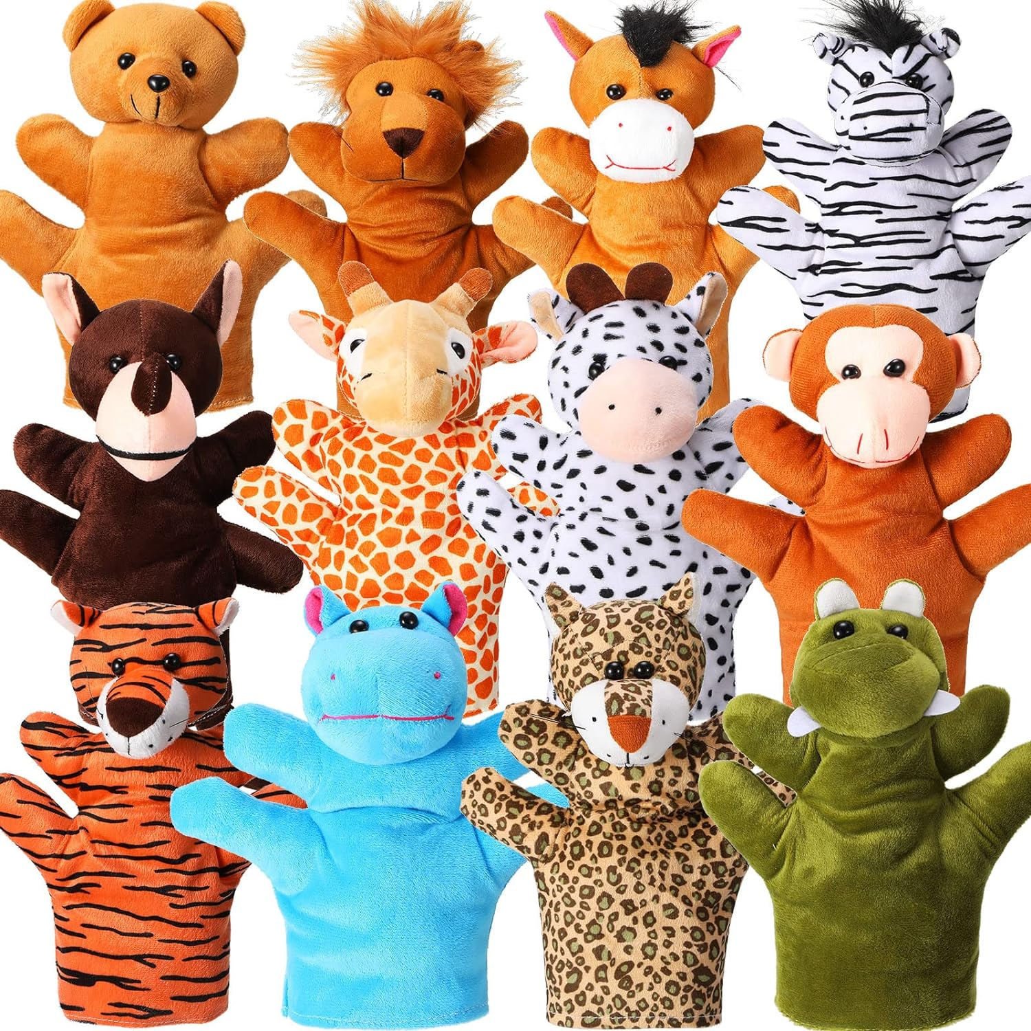 12 Pieces Hand Puppet Zoo Animal Plush Puppets Cute Animal Hand Puppets Plush Pretend Toys Educational Toys with Tiger Lion Monkey Bear Leopard Design for Telling Story Teaching Role Play (Cute) image number 1