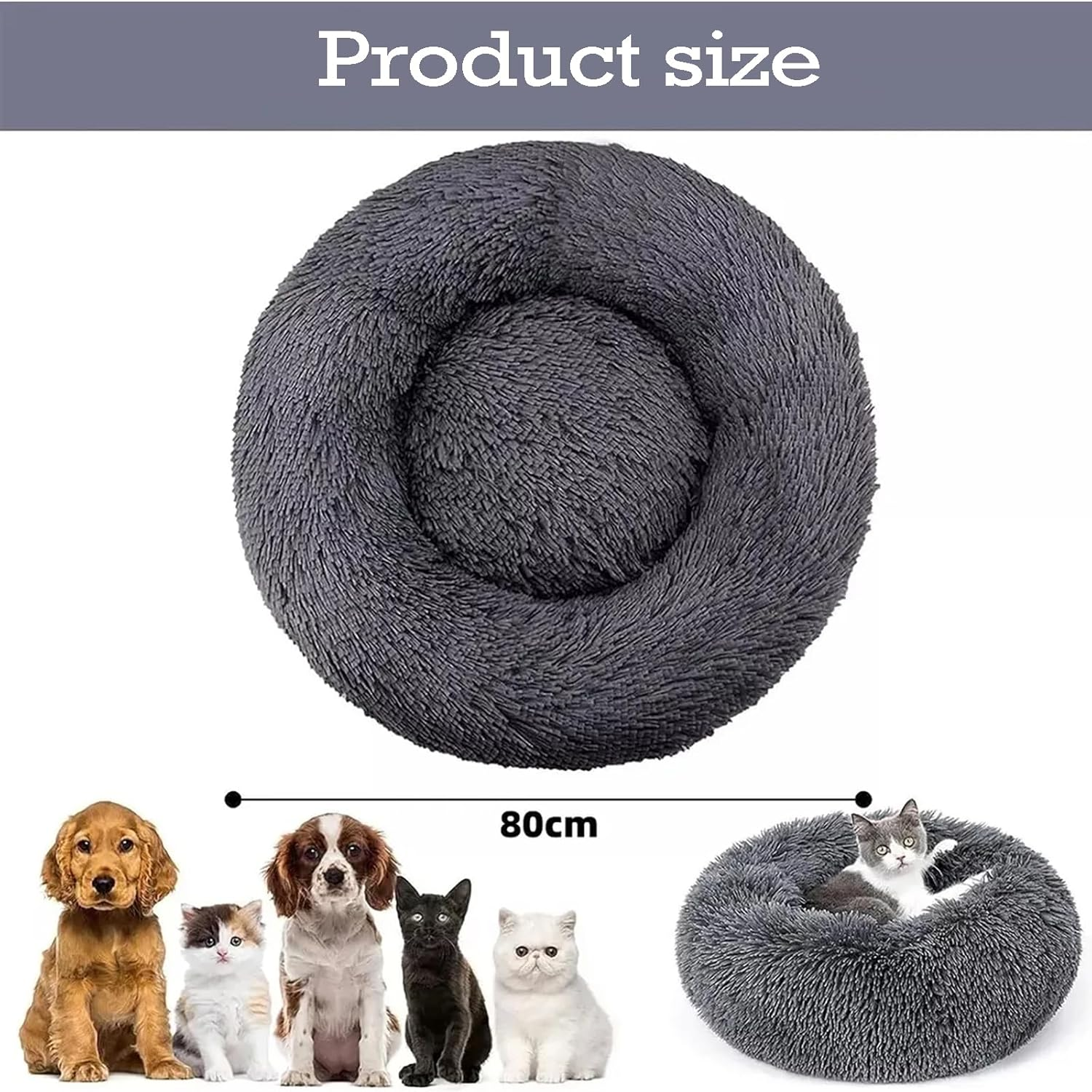 80Cm Medium Calming Dog Bed, Anti-Anxiety Donut Cuddler Cat Bed with Anti-Slip Bottom, Washable round Fluffy Pet Bed for Medium Large Dog & Cat, Light Grey image number 6