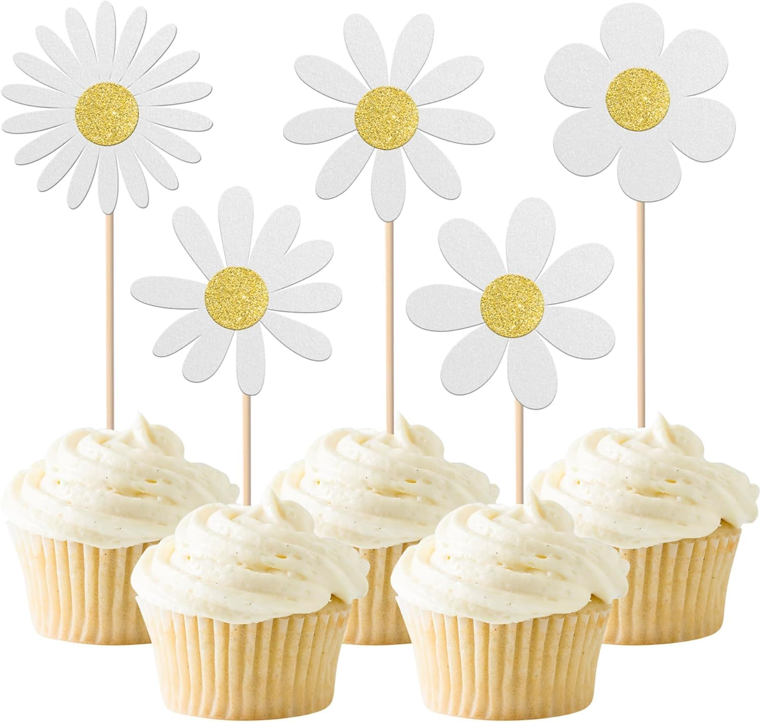 SYKYCTCY 24 Pack Daisy Cupcake Toppers Glitter White Daisy Flower Cupcake Picks Spring Daisy Flower Cake Decorations for Chrysanthemum Theme Birthday Kids Baby Shower Party Supllies (#1)