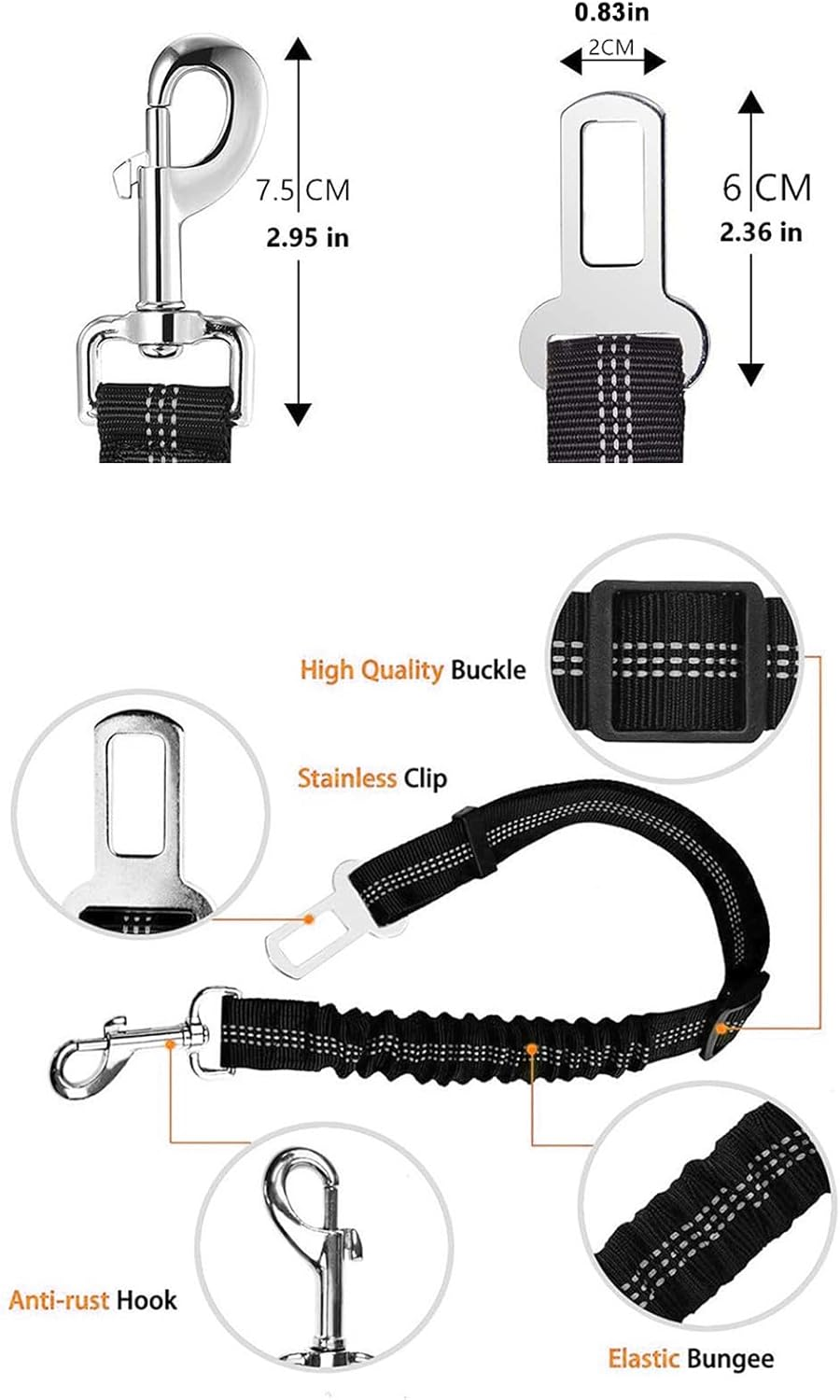 Dog Seat Belts for Cars of Medium/Large Dogs, Adjustable Pet Seat Belt for Dog Harness with Dual Safe Bolt Hook and Elastic Durable Nylon Dog Safety Belt for Car (Black, 2 Pcs) image number 5