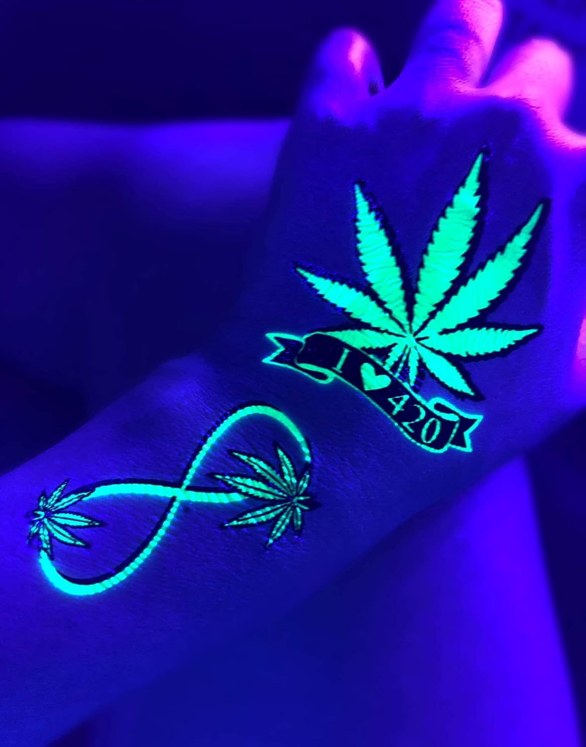 Temporary Blacklight Tattoos- Neon Green Weed 420 Leaf Design Body UV Blacklight Reactive Rave Festival Music EDC EDM Party Tattoo - Alien/Ufo image number 3