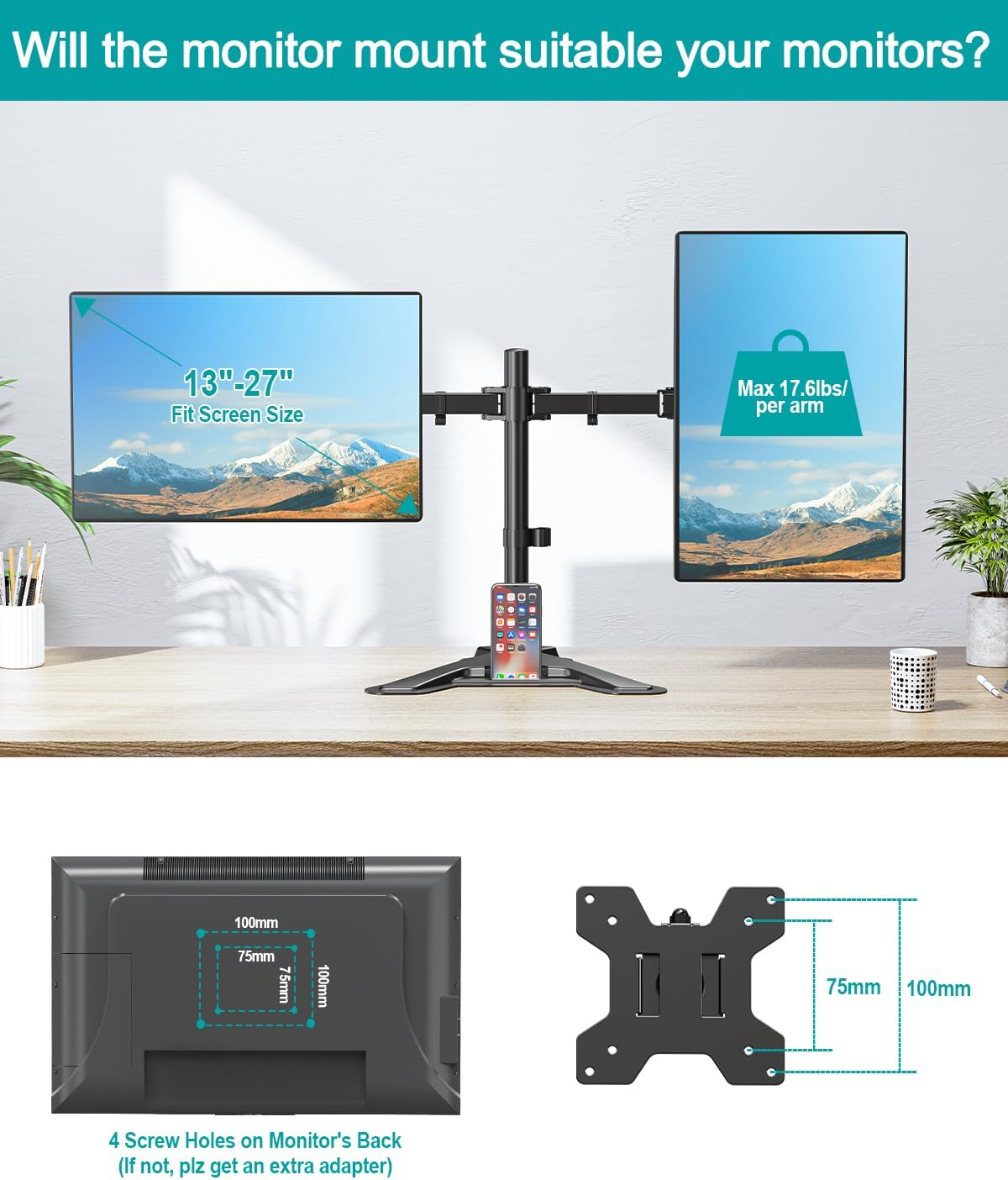 MOUNT PRO Dual Monitor Stand, Free-Standing Full Motion Monitor Desk Mount Fits 2 Screens up to 27 Inches,17.6Lbs with Height Adjustable, Swivel, Tilt, Rotation, VESA 75X75 100X100, Black image number 4