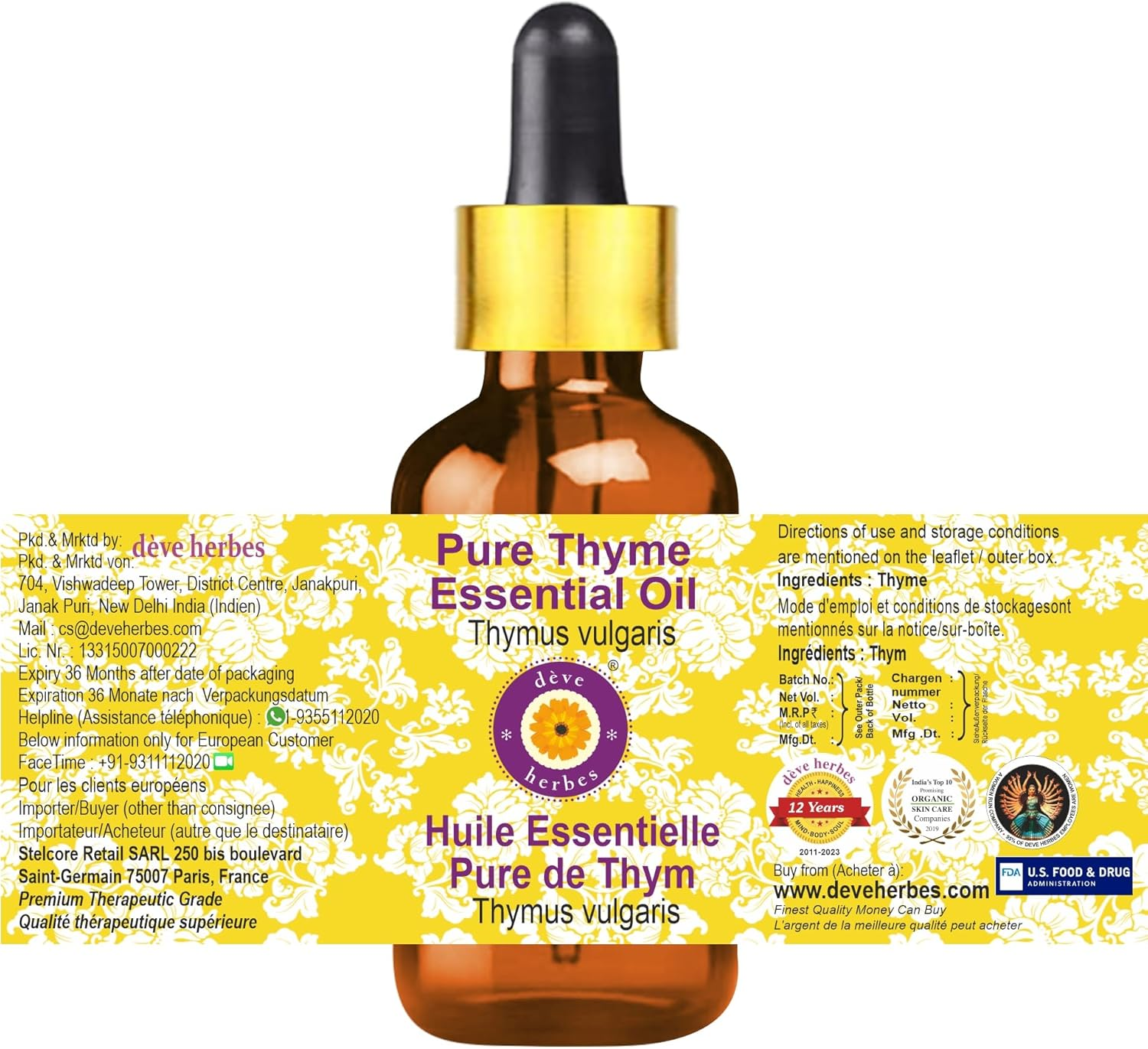 Deve Herbes Pure Thyme Essential Oil (Thymus Vulgaris) Steam Distilled (100Mlx3 (10 Oz) with Glass Dropper) image number 5