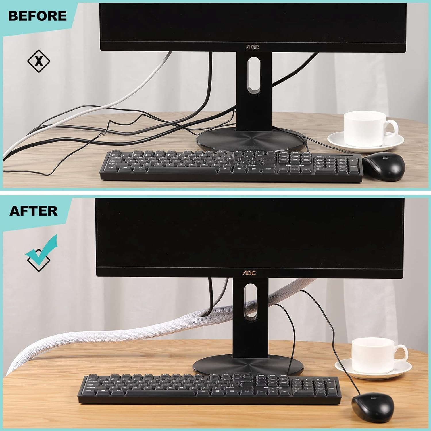 Aieve Cable Organizer, 6.6Ft(2M) Self-Wrap Cable Sleeve, White, Braided, 1/2 Inch inside Diameter, Office & Home, 6.6 Feet image number 2