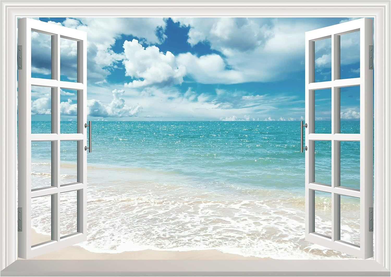 FLFK Fake Window Wall Sticker - Sunset Beach Faux Window Wall Mural for Wall Decor, Stick and Peel Wall Decals, 48"X32", Set of 2 Sheets