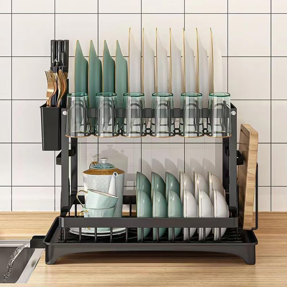 Dish Drying Racks for Kitchen Counter Large Capacity Double-Layer Dish Drying Rack - with Knife/Utensil & Cutting Board Holder, Drainage Tray image number 6
