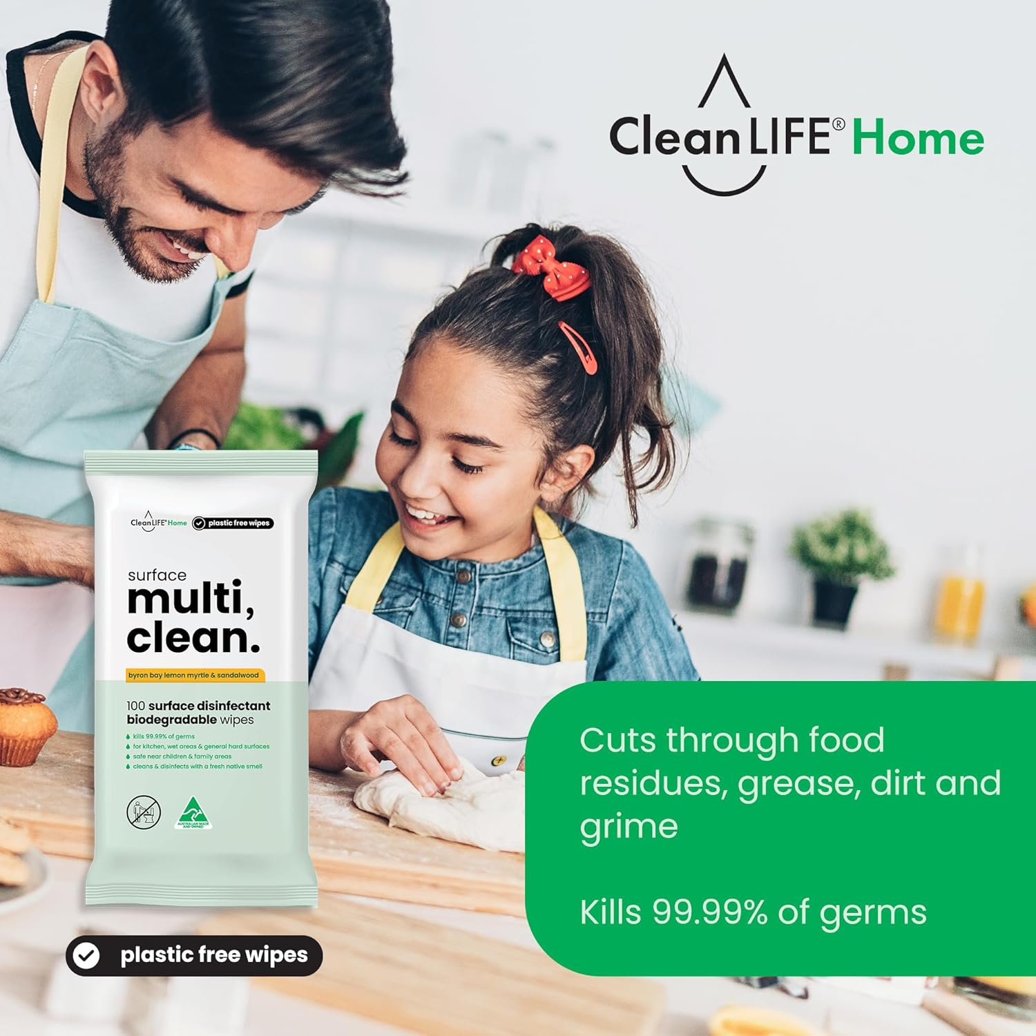 Cleanlife Surface Multi Clean Wipes &ndash; Lemon Myrtle & Sandalwood Scent, Biodegradable, Antibacterial, Plastic-Free, 100 Wipes, 3-Packs