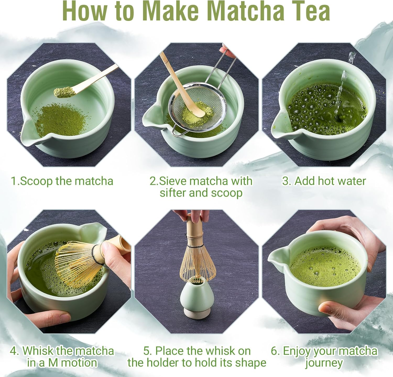 Matcha Whisk Set,5Pcs Household Matcha Kit,Elegant Japanese Matcha Tea Set,Ceramic Matcha Bowl with Spout, Matcha Whisk Holder,Bamboo Whisk, Stainless Sifter & Scoop for Tea Lover-Green
