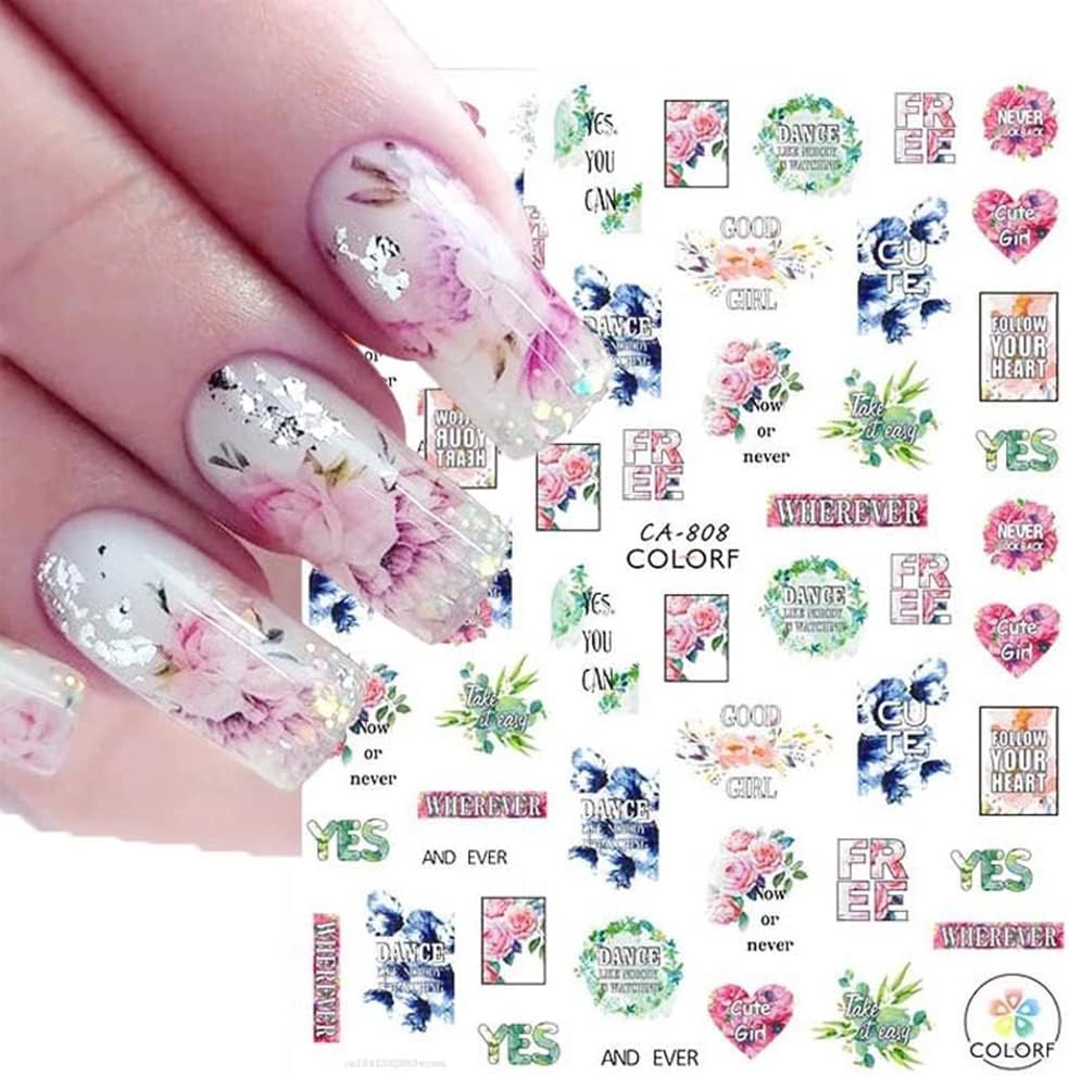 Flower Nail Art Stickers Decals, Watercolor Royalblue White Flowers 3D Nail Stickers 6PCS Butterfly Floral Leaves Nail Decals for Acrylic Nails Summer Nail Art Decorations Supplies Manicure Decor Tips