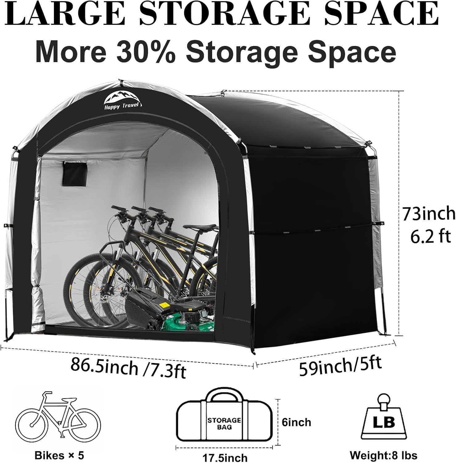 Happy Travel Bike Storage Tent Shed,Large Outdoor Waterproof Bicycle Covers Shelter with Window for 2/4/6/8 Bikes,Oversized outside Portable Sheds for Lawn Mower,Garden Tools (Black) image number 2