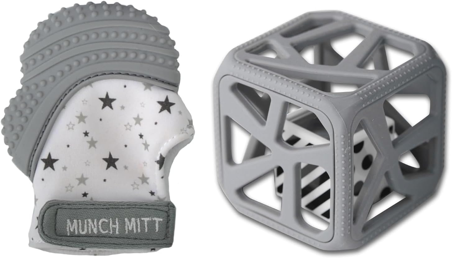 Munch Mitt and Chew Cube Bundle for Baby, Grey Stars Munch Mitt (MM08GS) and Grey Chew Cube (CC01GR) image number 5