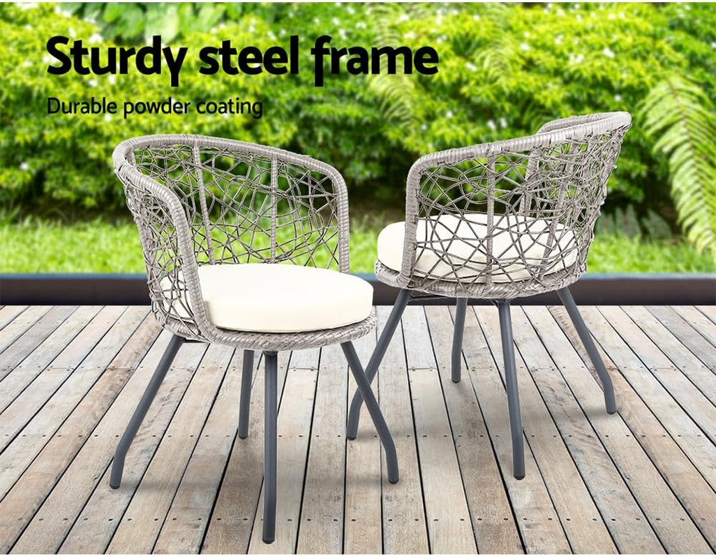 Gardeon 3Pcs Wicker Patio Furniture, Bistro Set Table and Chairs Outdoor Lounge Setting Conversation Sets Dining Chair Garden Backyard, Cushion with Rattan Coffee Table round Grey image number 1