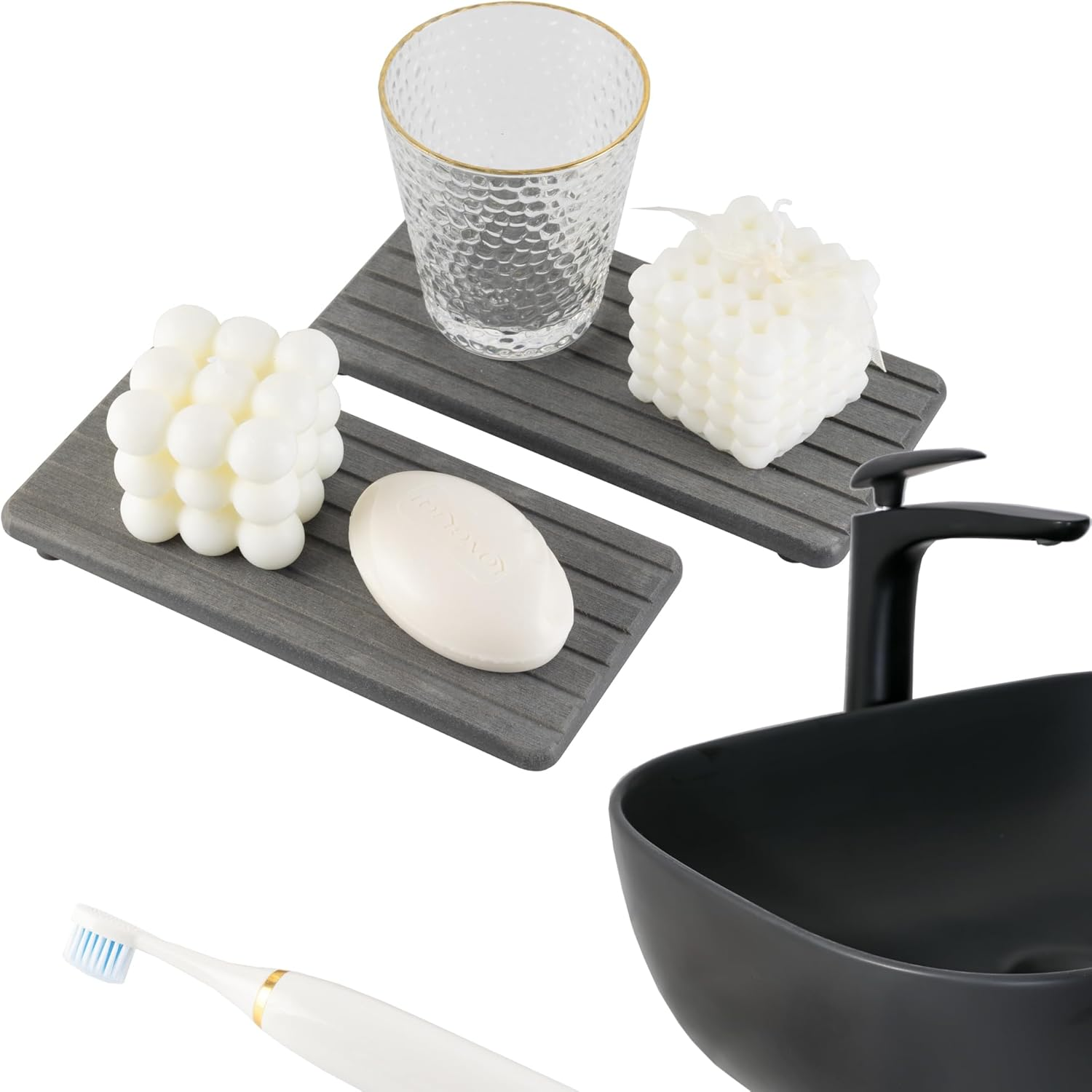 2 PCS Water Absorbent Diatomite Coasters Rectangle, Grooved Design, Water Absorbing Stone Used for Hand Soaps & Plants & Toiletries in the Modern Home image number 6