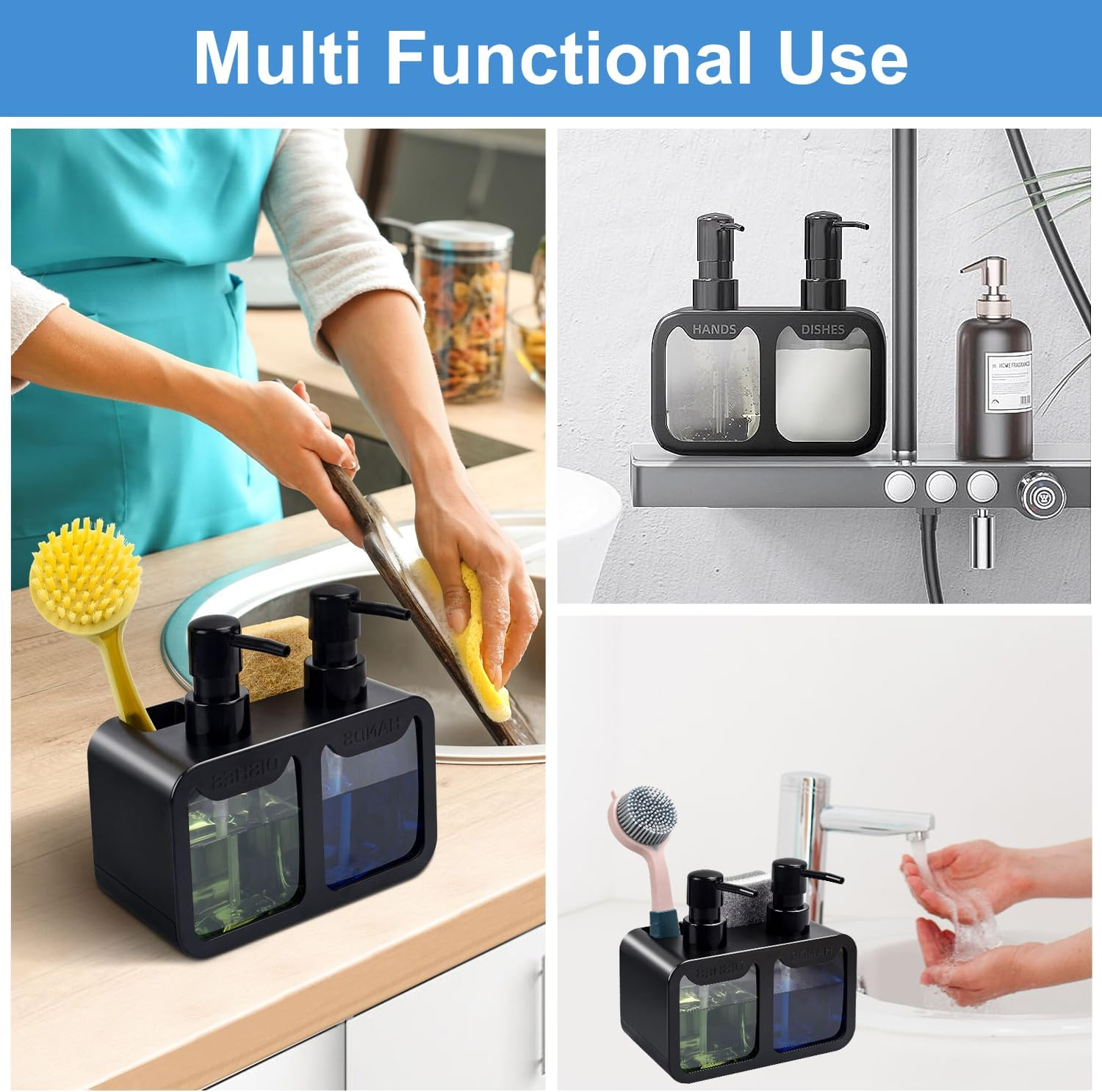 Kitchen Soap Dispenser with Silicone Funnel, Hand and Dish Soap Dispenser and Sponge Caddy and Brush Holder, 4 in 1 Countertop Organizer for Kitchen Sink(Black) image number 4