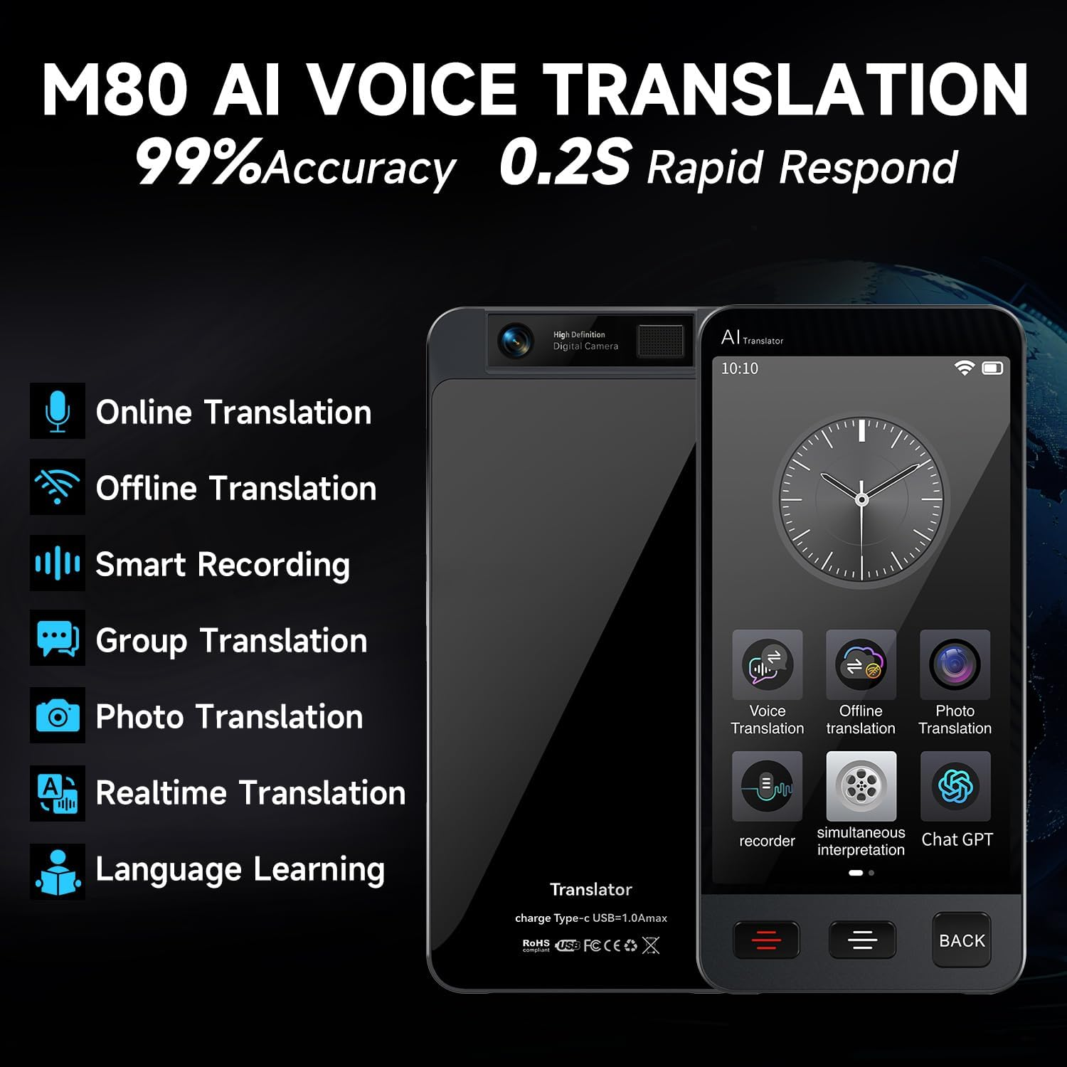 Office Language Translator Device, M80 Instant Translation with 142 Languages, Portable Online/Offline Two Way Real-Time Voice/Photo Translator for Business Learning Travel image number 6