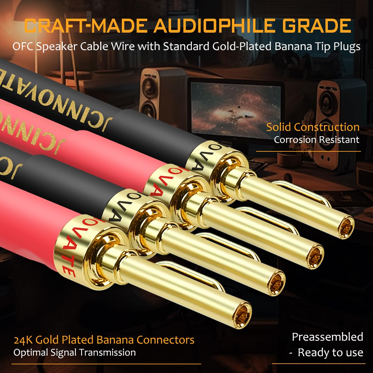 UCINNOVATE Bi-Wired Speaker Cable with Pin Banana Plugs, 13 AWG 2 Pack 9.8Ft / 3M Speaker Wire with Gold-Plated Banana Plugs, Heavy-Duty Blue Speaker Cable for Hi-Fi Home Audio Amp image number 1