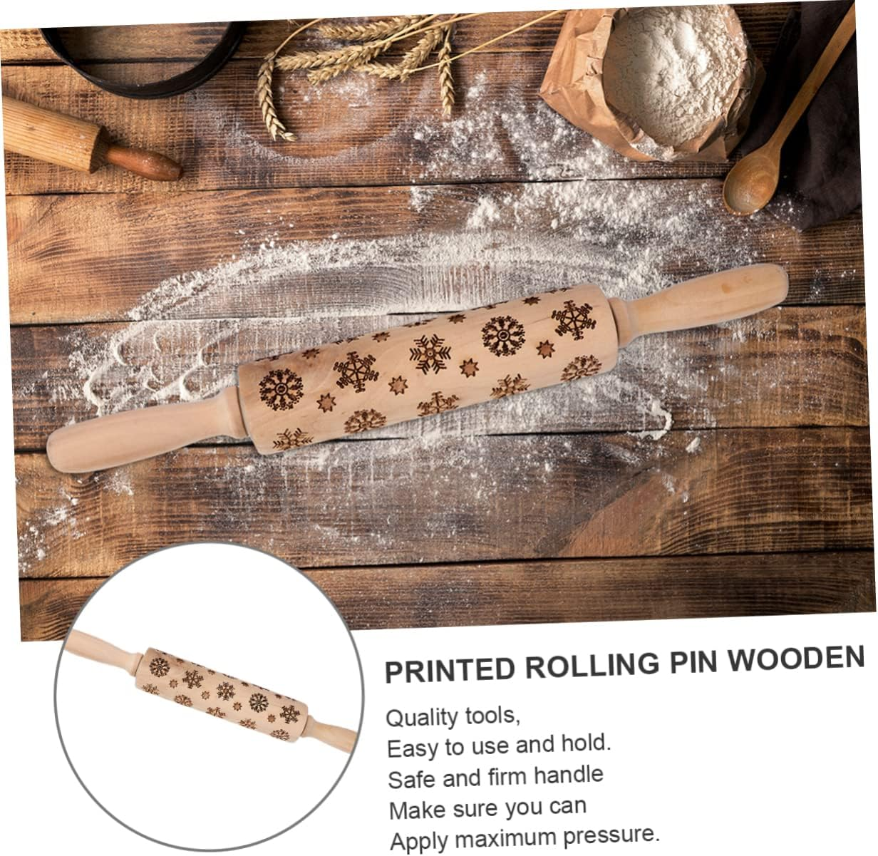 Snowflake Print Rolling Pin Wooden Christmas Embossing Roller Non-Slip Handle for Baking image number 2