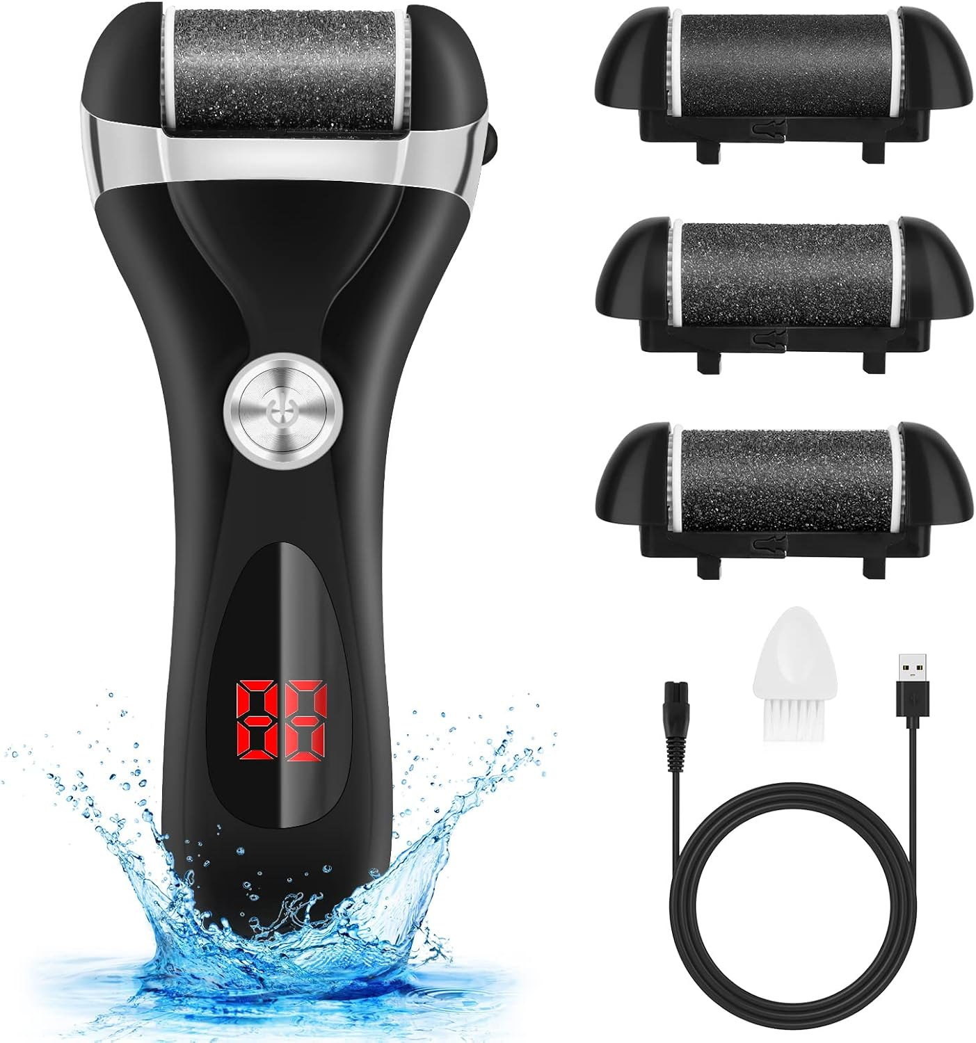 Electric Foot Callus Remover Kit, Elmchee Rechargeable Pedicure Tools Foot Care Feet File with 3 Roller Heads,2 Speed,Battery Display for Remove Cracked Heels Calluses and Dead Skin(Black) image number 5