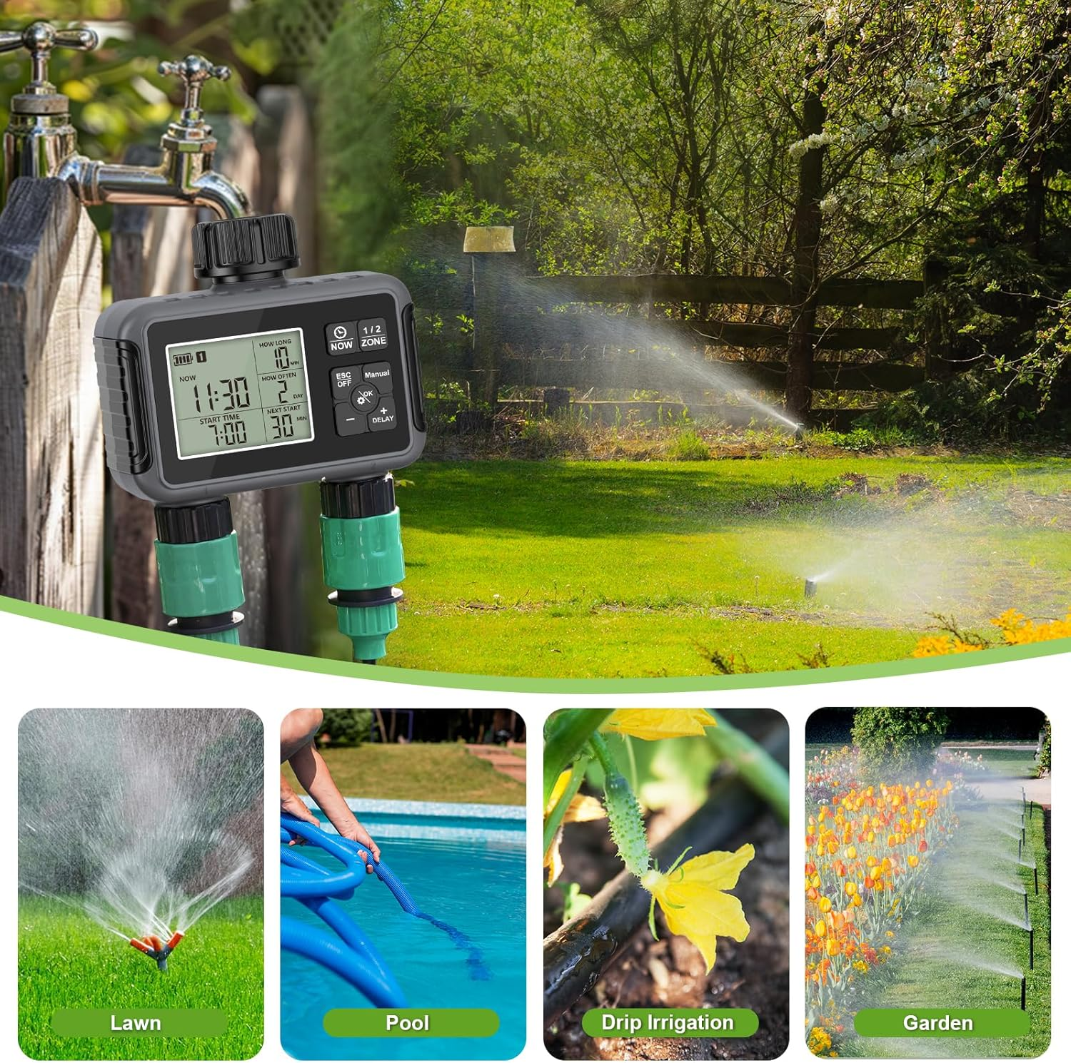 Sprinkler Timer 2 Zone, Programmable Water Timer for Garden Hose 2 Outlet for Garden, Outdoor Automatic Irrigation System IPX5 Waterproof with Auto/Manual/Rain Delay Mode Rain Delay/Manual for Lawn image number 3