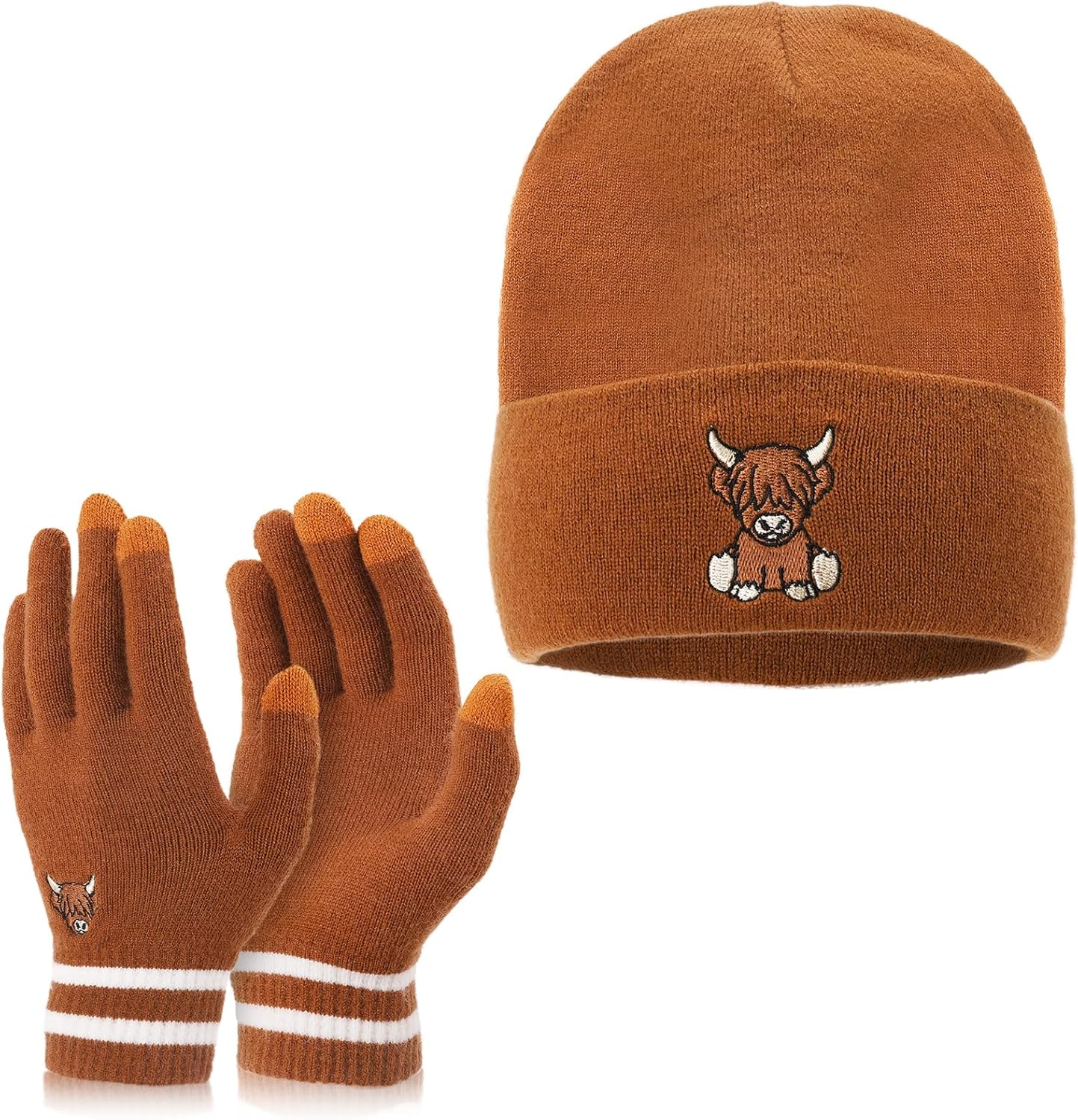 Vansolinne Highland Cow Beanie Hat and Gloves Women Winter Knitted Hat and Gloves Highland Scottish Cow Soft Cap and Gloves for Cold Weather Winter Accessories Gift for Her, Brown, Standard image number 5