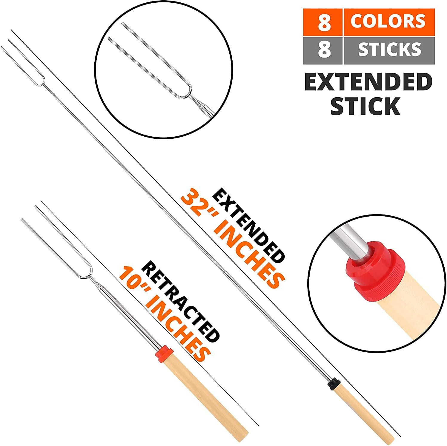Marshmallow Roasting Sticks, Fyvadio Set of 8 Telescoping Smores Skewers & Hot Dog Forks with Wooden Handle for Fire Pit Campfire - 32 Inch Stainless Steel BBQ Kit for Outdoor Camping image number 5