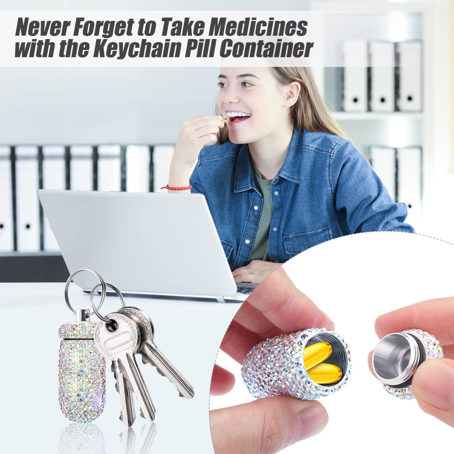 2 Pack Portable Pill Case Bling Rhinestone Pill Container Box Waterproof Medication Holder Organizer Bottle with Keychain for Outdoor Camping Travel Purse Pocket image number 5