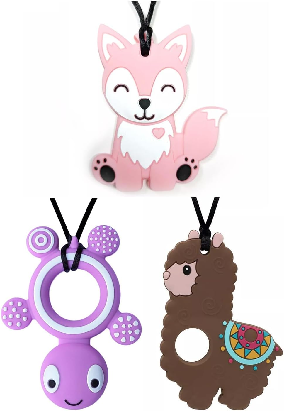Panny & Mody Australian Local Manufacturer Sensory Chew Necklaces for Boys, Cute Silicone Animal Fox Tortoise Alpaca Pendant Necklaces(3 Pack)-Pink/Purple/Brown image number 1