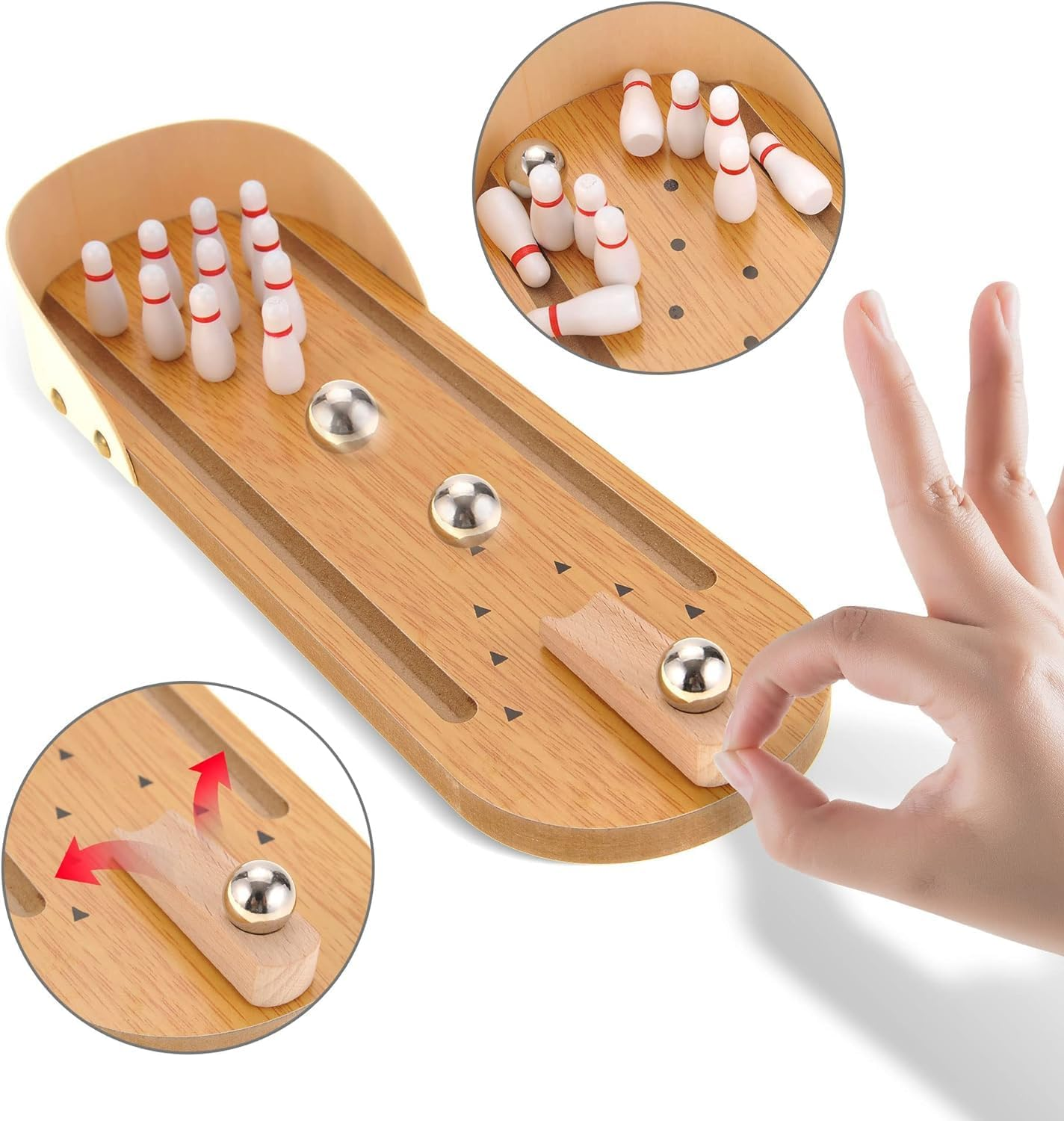Tabletop Mini Bowling Game Set, Tabletop Wooden Board Mini Arcade Desktop Tiny Bowling Shooting Alley Office Desk Stress Relief Gadgets Small Finger Toys Fun Gag Gifts for Menwomen Kids Teens Boys image number 4