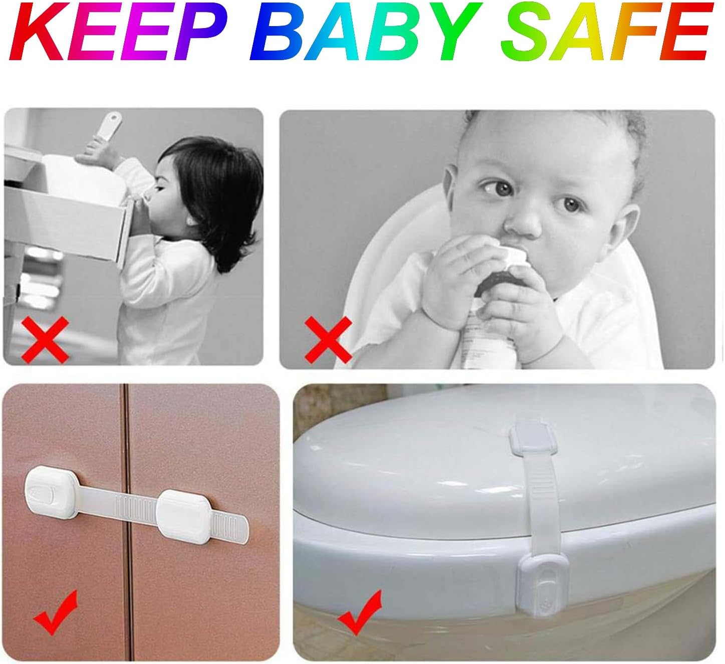 WADY 10 Pack Cabinet Locks Baby Proofing, Child Safety Drawer Locks, One Click Baby Proof Adjustable Baby Safety Locks Multi-Purpose Use for Cabinets, Cupboards, Toilets, Fridge, Oven, Bins (White) image number 4