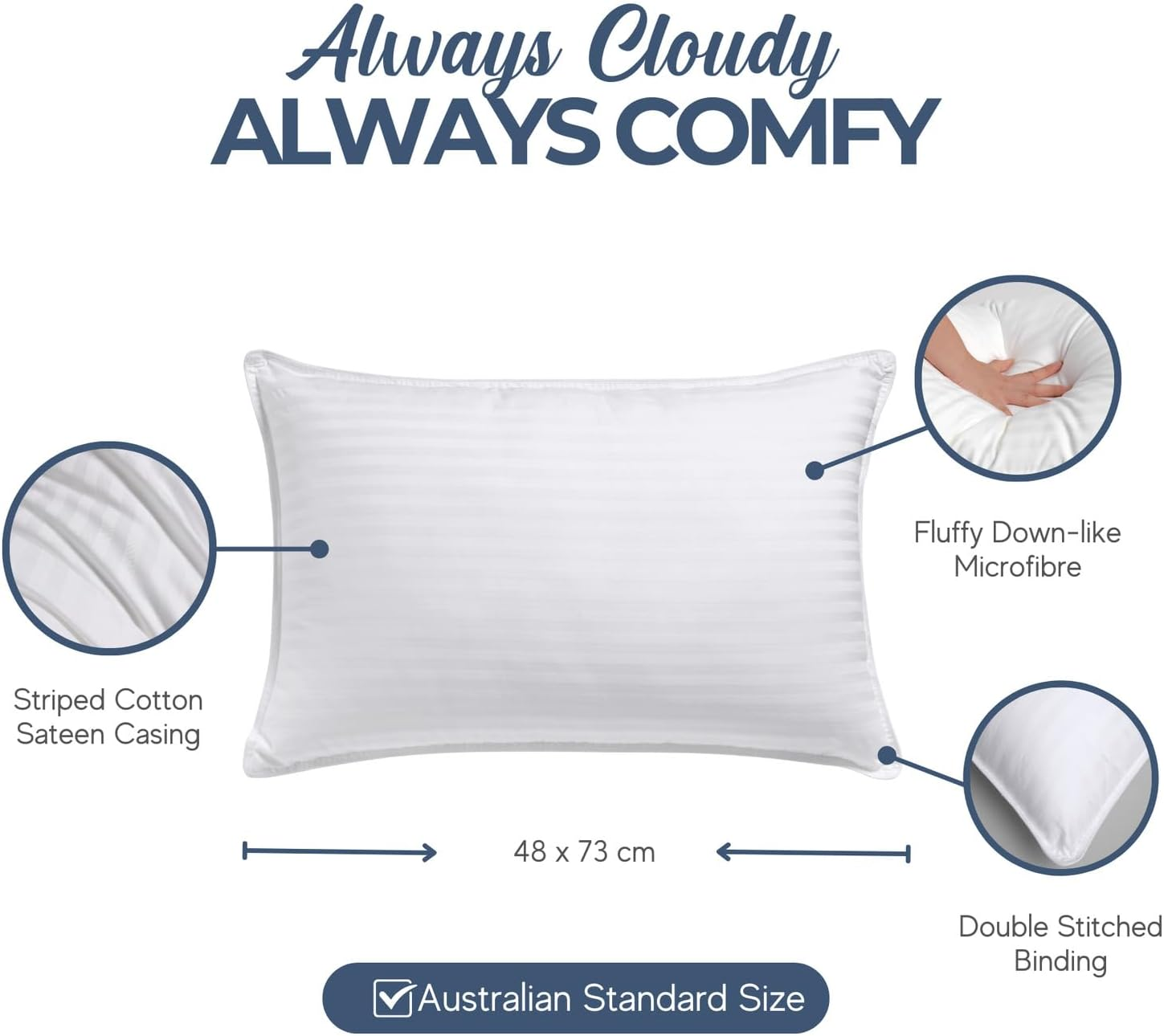 Dreamaker Hotel Collection Cotton Sateen Striped Cover Microfibre Pillow Hypo-Allergenic Anti-Dust Mite Designed to Support Neck, Side, Stomach, and Back Sleepers - Standard Size 73X48Cm (Pack of 2) image number 1