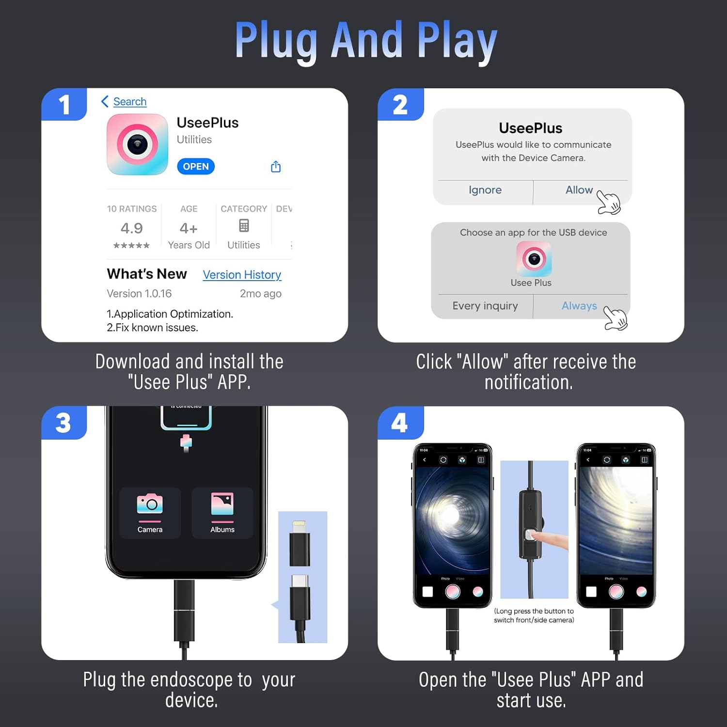 Bluefire USB Endoscope Camera, 3MP HD Dual Lens Industrial Borescope, IP67 Waterproof USB Inspection Camera with 9 Adjustable LED Lights for Smartphones/Tablets(3.5M) image number 4