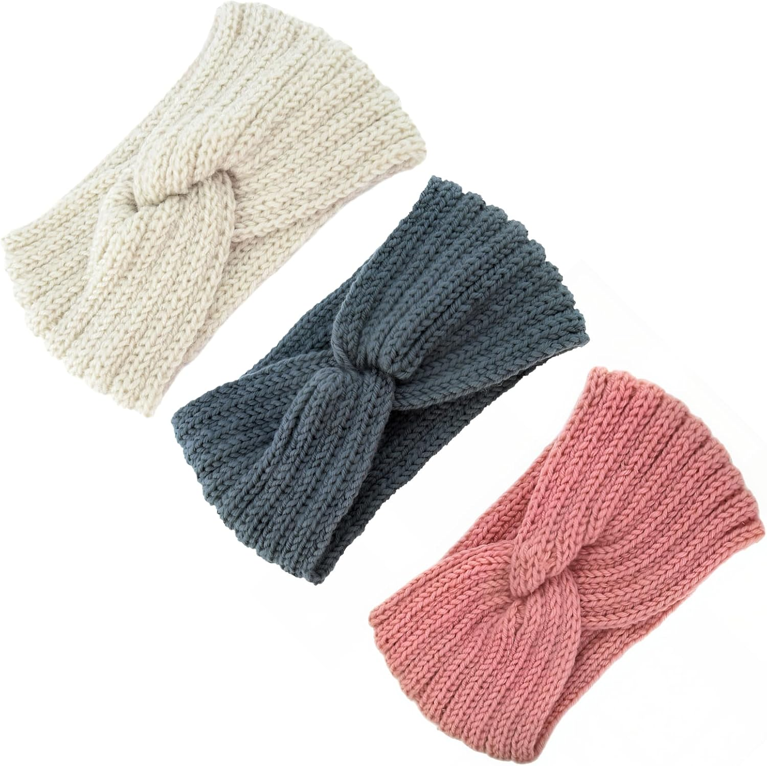 Pack of 3 Women'S Winter Knitted Headband Children Girls Autumn and Winter Simple Versatile Headbands Knitted Hair Band Ear Warmer Elastic Beige + Grey + Pink image number 2