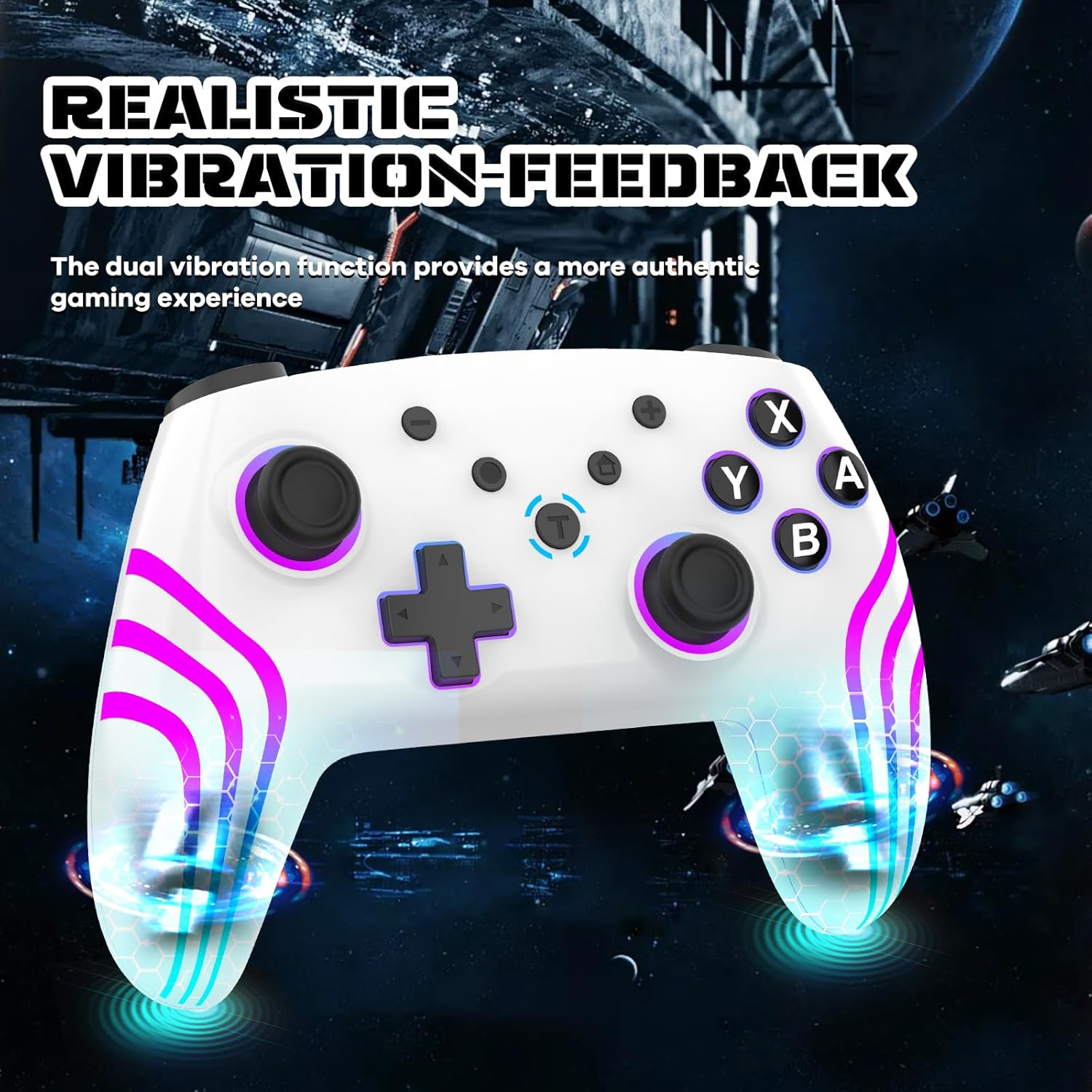 Wireless Controller for Switch/Switch 2/Lite/Oled/Pc, Gamepad with 7 Color Changing RGB Lighting/Dual Vibration/6 Axis Gyroscope/Turbo, White image number 4