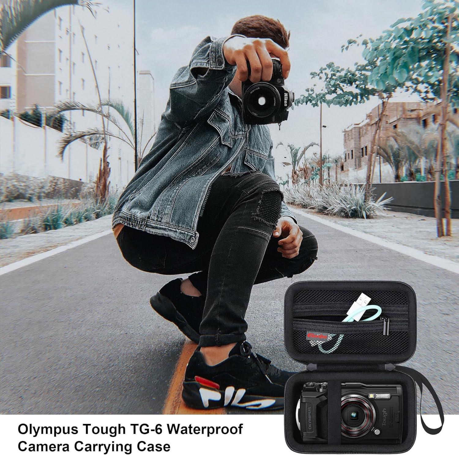 Elonbo Carrying Case for OM System Tough TG-7 / OM System Olympus TG-6 Underwater Camera, Rugged Waterproof Shockproof Wifi 4K Video Digital Camera Storage Cover Travel Bag, Black - Black image number 3