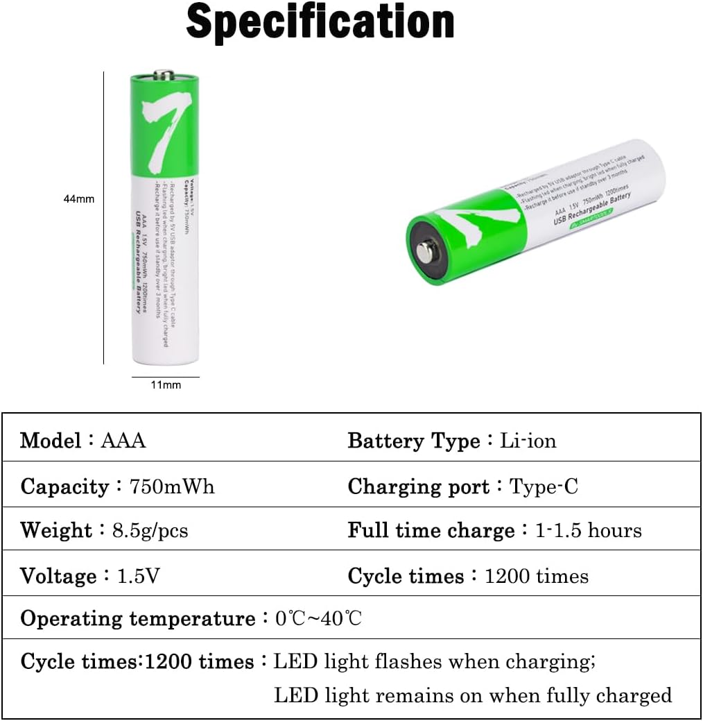 USB AAA Lithium Ion Rechargeable Battery, 1.5V 750Mwh Rechargeable AAA Battery, 1 H Fast Charge, 1200 Cycle with Type C Port Cable, Constant Output,8-Pack - 4 Aa image number 6