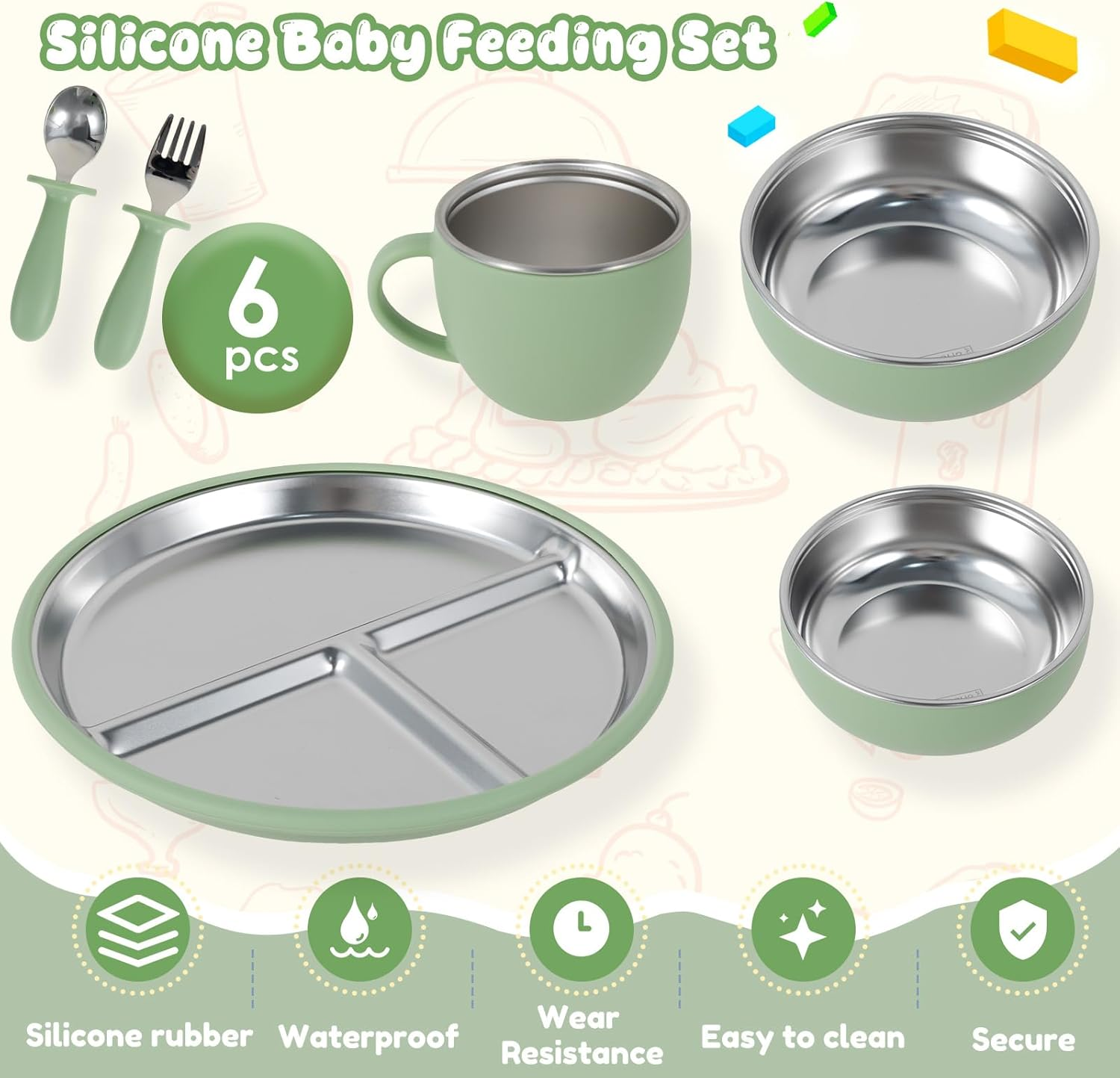 Awobepl 6Pcs Stainless Steel Suction Plate Firm Adhesion Utensils with 4 Silicone Suction Cup anti Drop for Children (Light Green) - Light Green image number 2