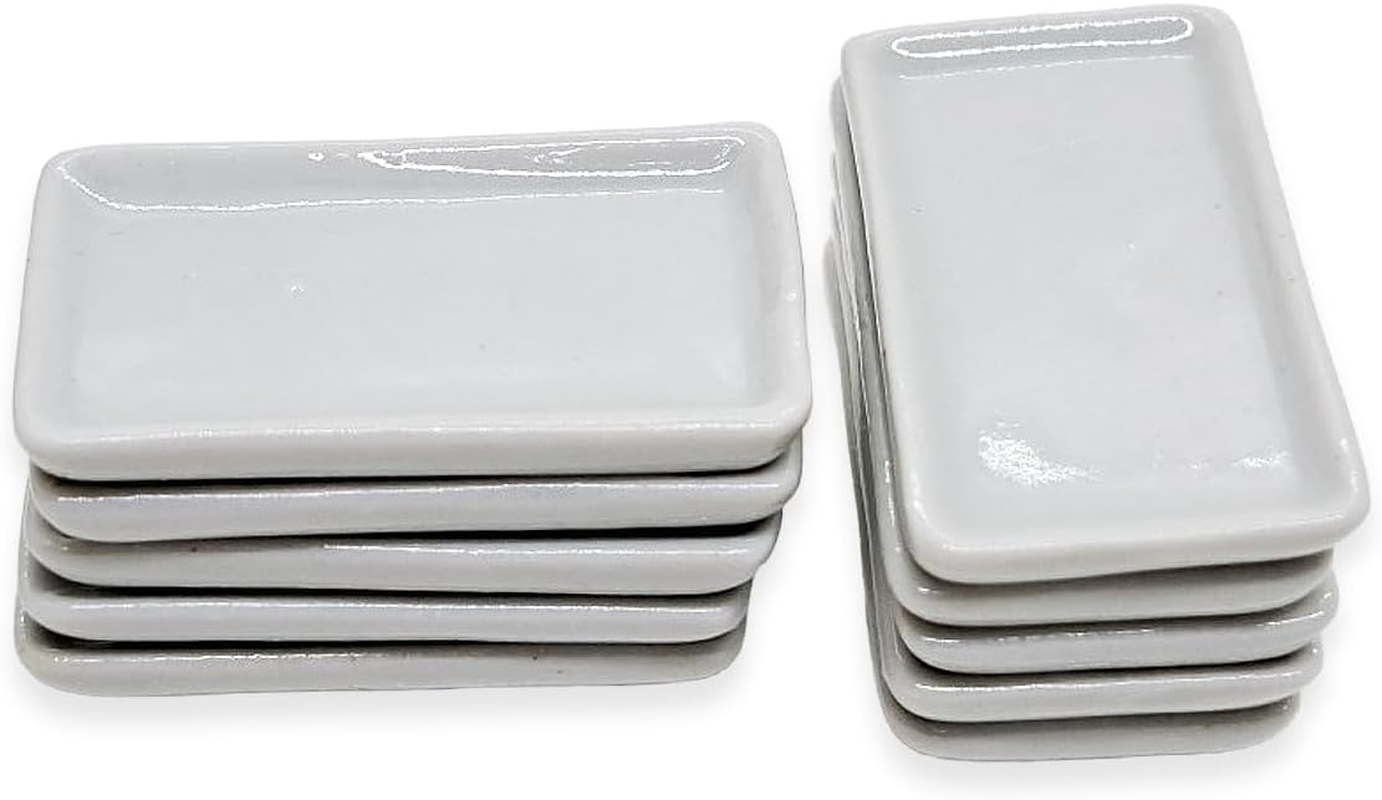 Changthai Design Very Tiny 1&frac14;" Long White Rectangle Ceramic Serving Tray 10 Pieces Set - Miniature Tableware Plate Crockery Cutlery Kitchenware Handmade Mini Porcelain Decorative Collectible Gifts image number 2