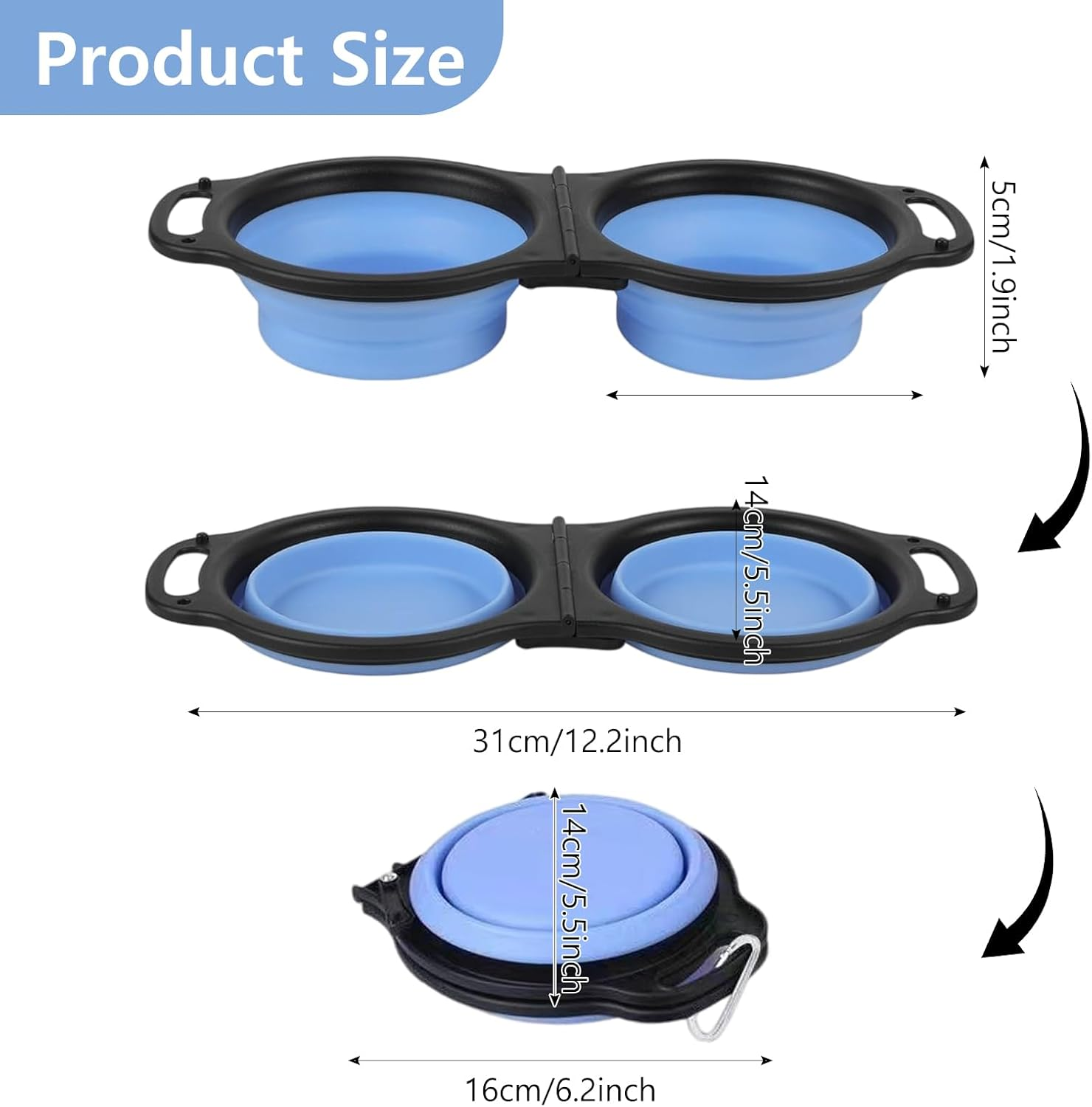 Collapsible Dog Food Water Bowl, 2 in 1 Silicone Double Bowl, Portable Travel Pet Feeder Bowl, Expandable Pets Bowl with Carabiner for Walking, Traveling, Hiking, Camping (Blue, Size-1) image number 4