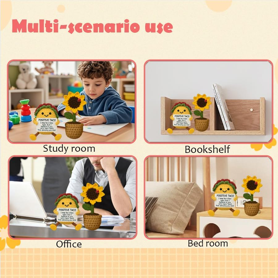 Positive Crochet Taco Handmade Cute Gifts, 2PCS Emotional Support Crochet Home Decorative Accessories, Funny Gifts for Women, Best Friend. (Taco Sunflower Set) image number 4