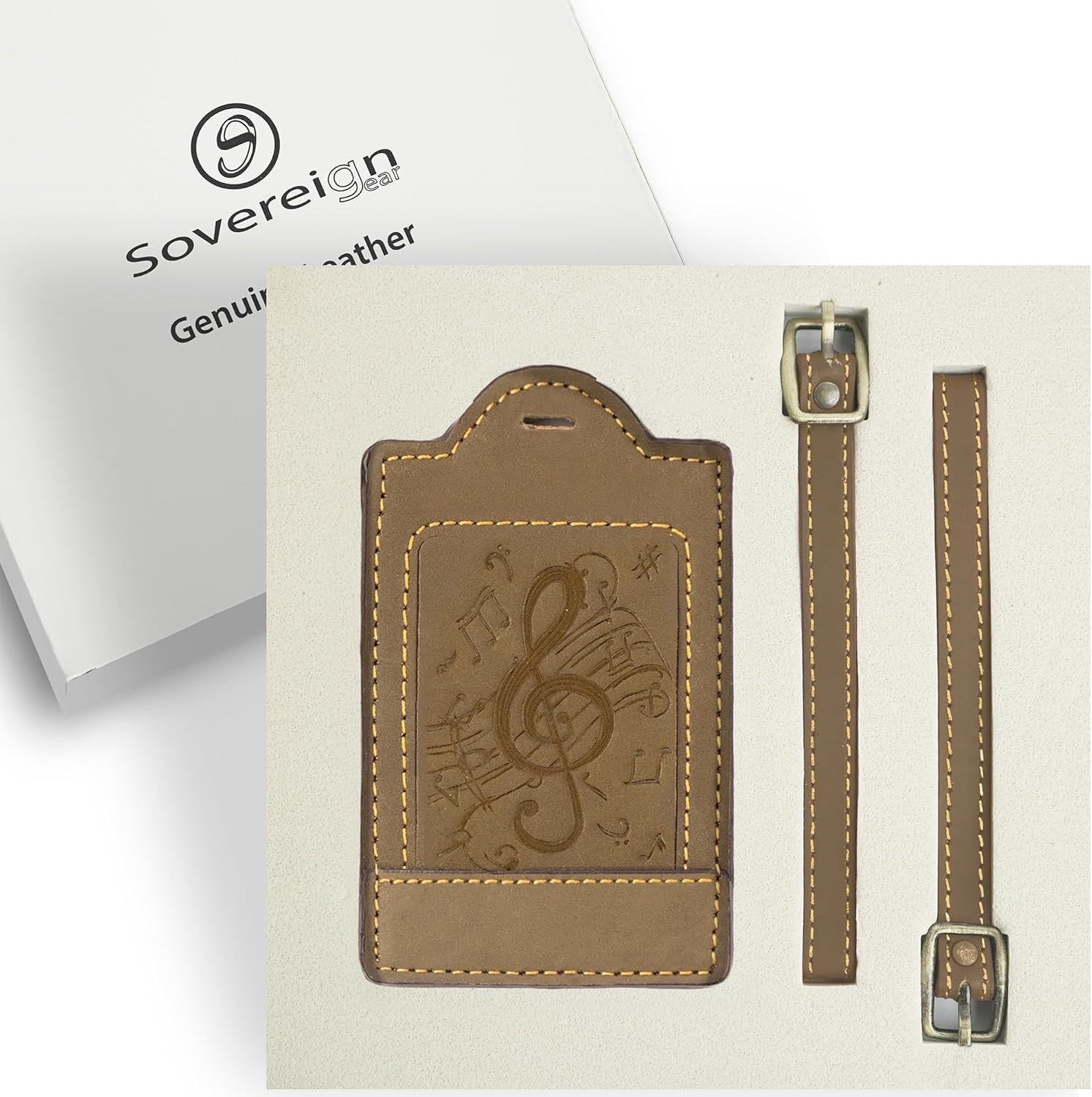 Sovereign-Gear - Two Brown Leather Luggage Tags - Music Embossed - Genuine Leather Luggage Tag for Suitcases, Stylish & Durable Travel Accessory image number 6
